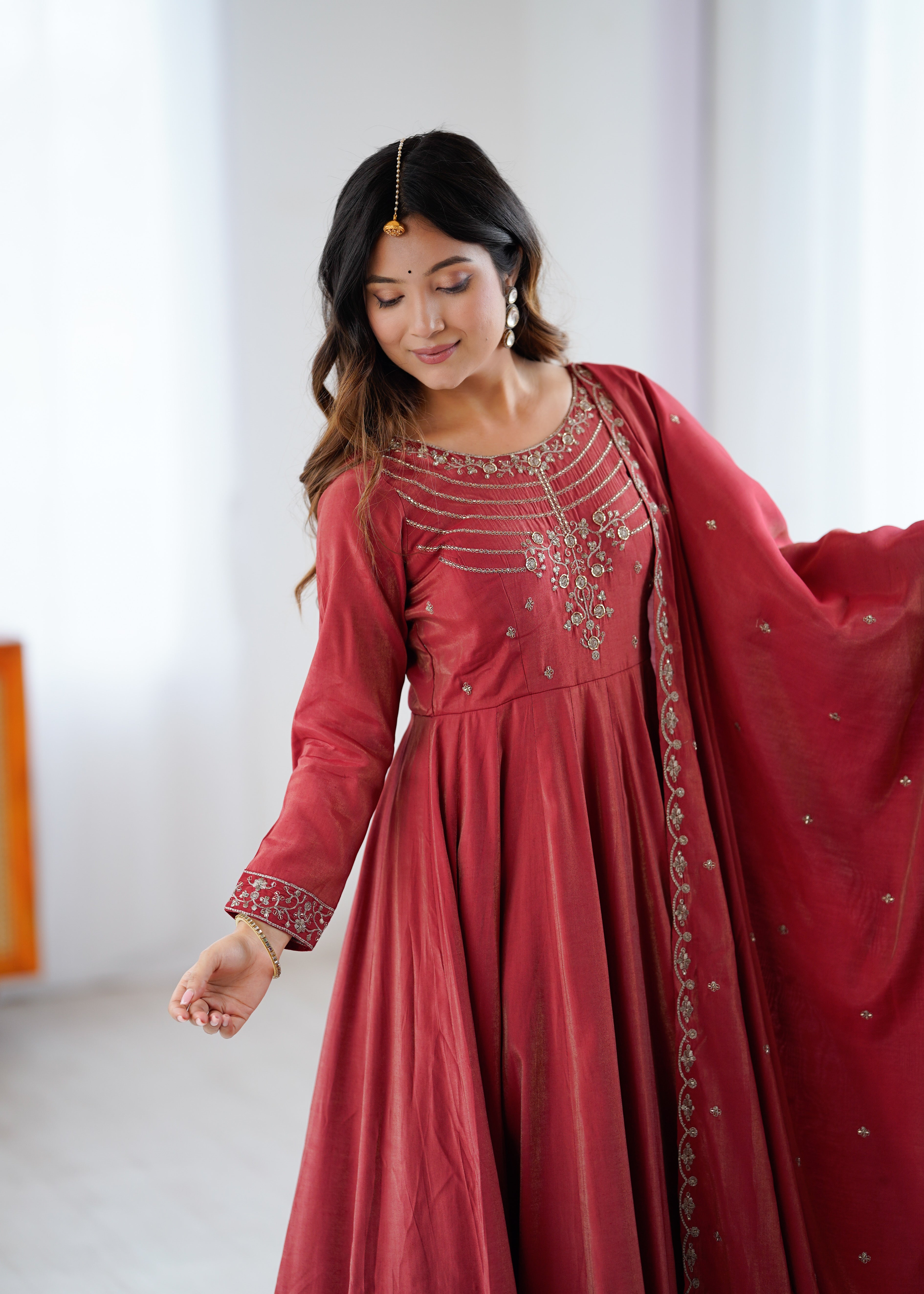Roman Shimmer Chanderi Silk Anarkali Suit Set with Dupatta and Pant