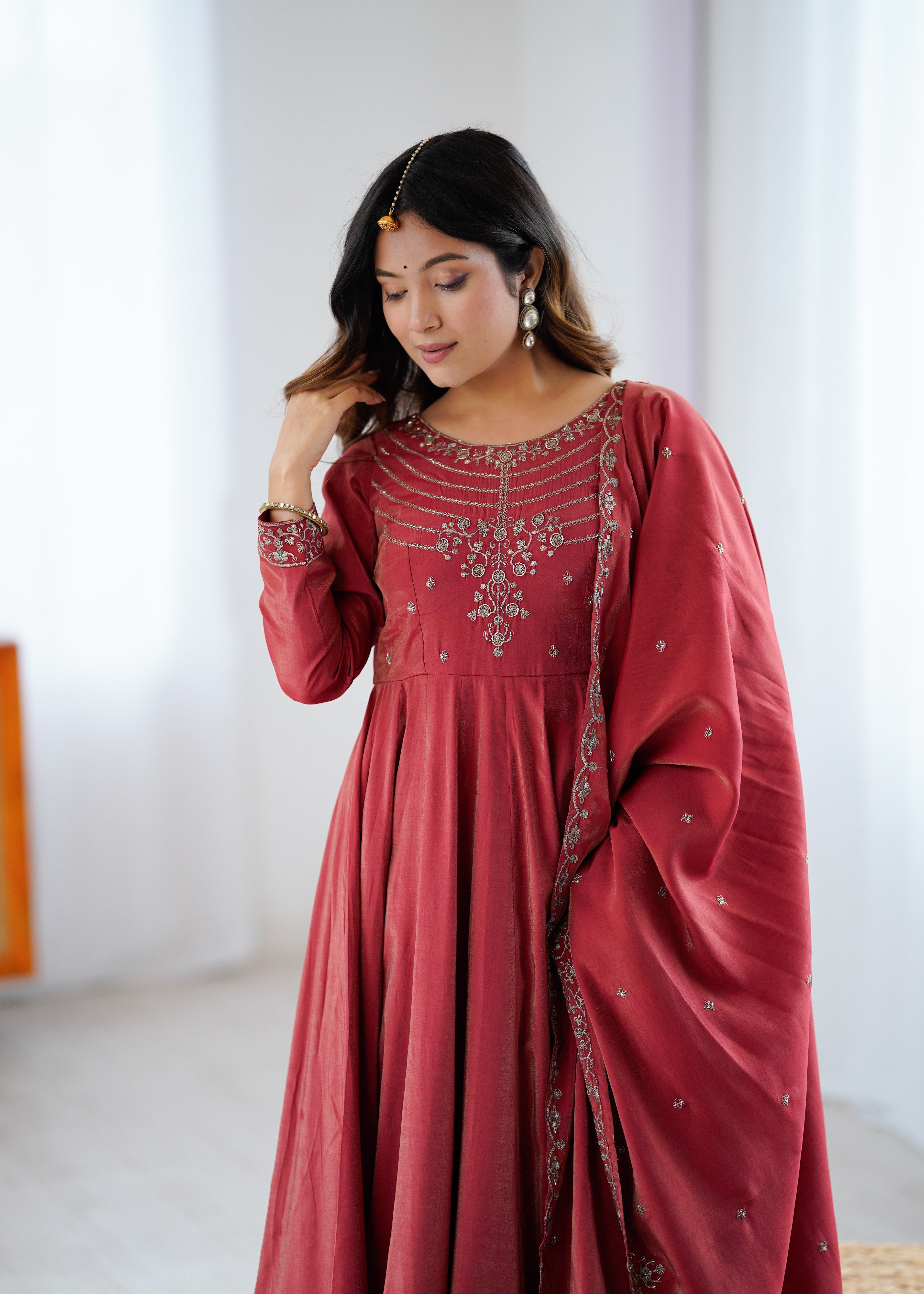 Roman Shimmer Chanderi Silk Anarkali Suit Set with Dupatta and Pant
