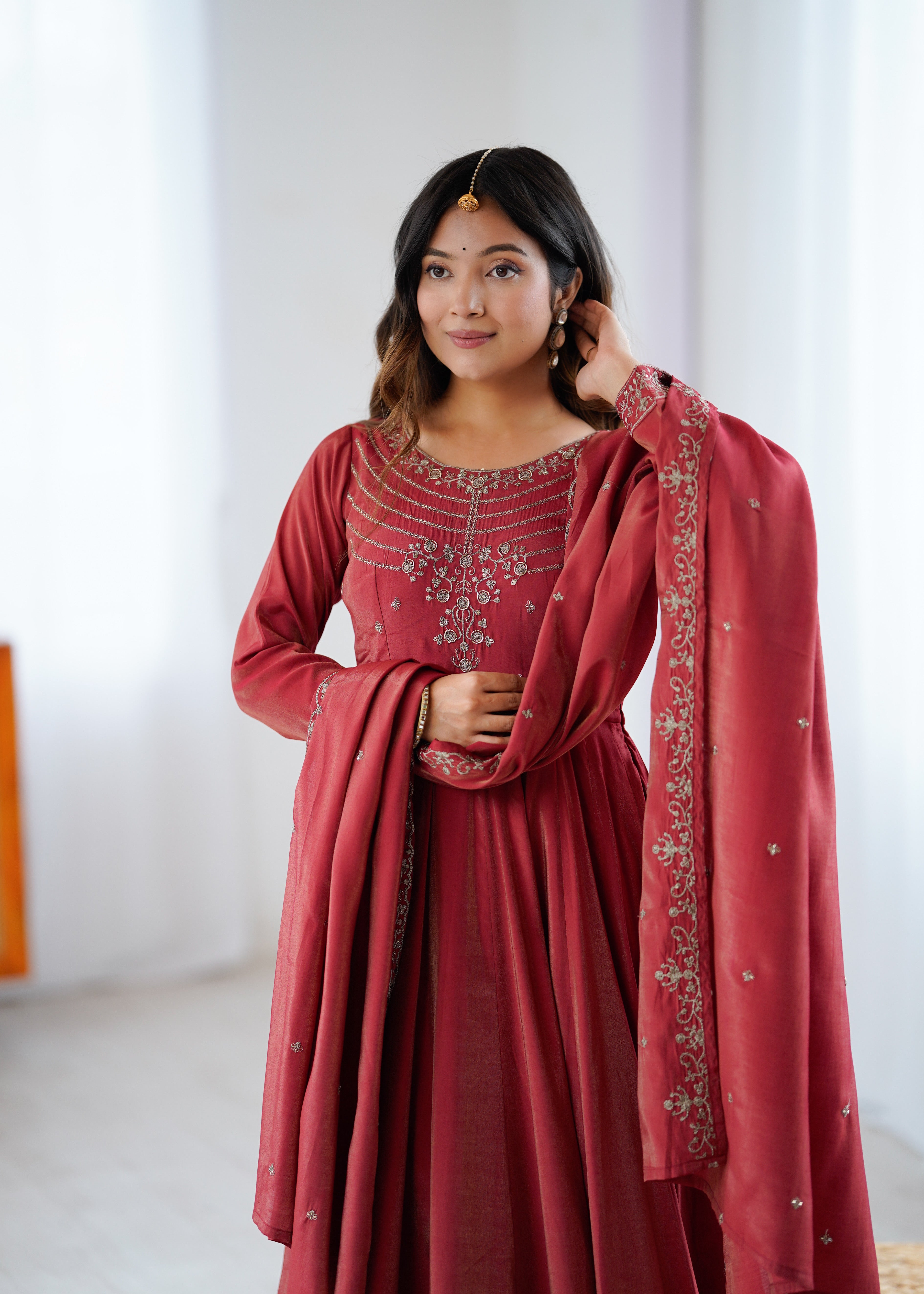 Roman Shimmer Chanderi Silk Anarkali Suit Set with Dupatta and Pant