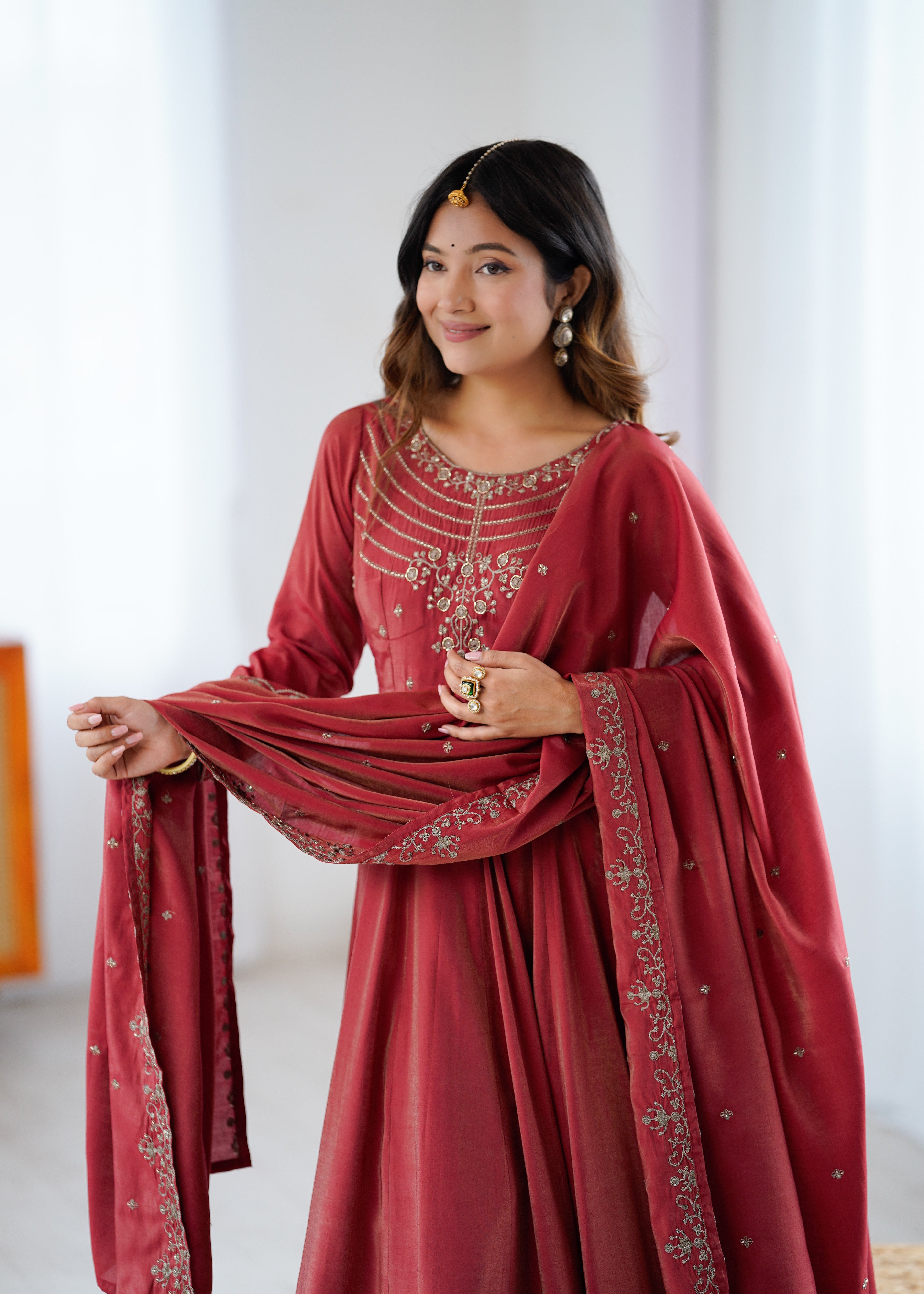 Roman Shimmer Chanderi Silk Anarkali Suit Set with Dupatta and Pant