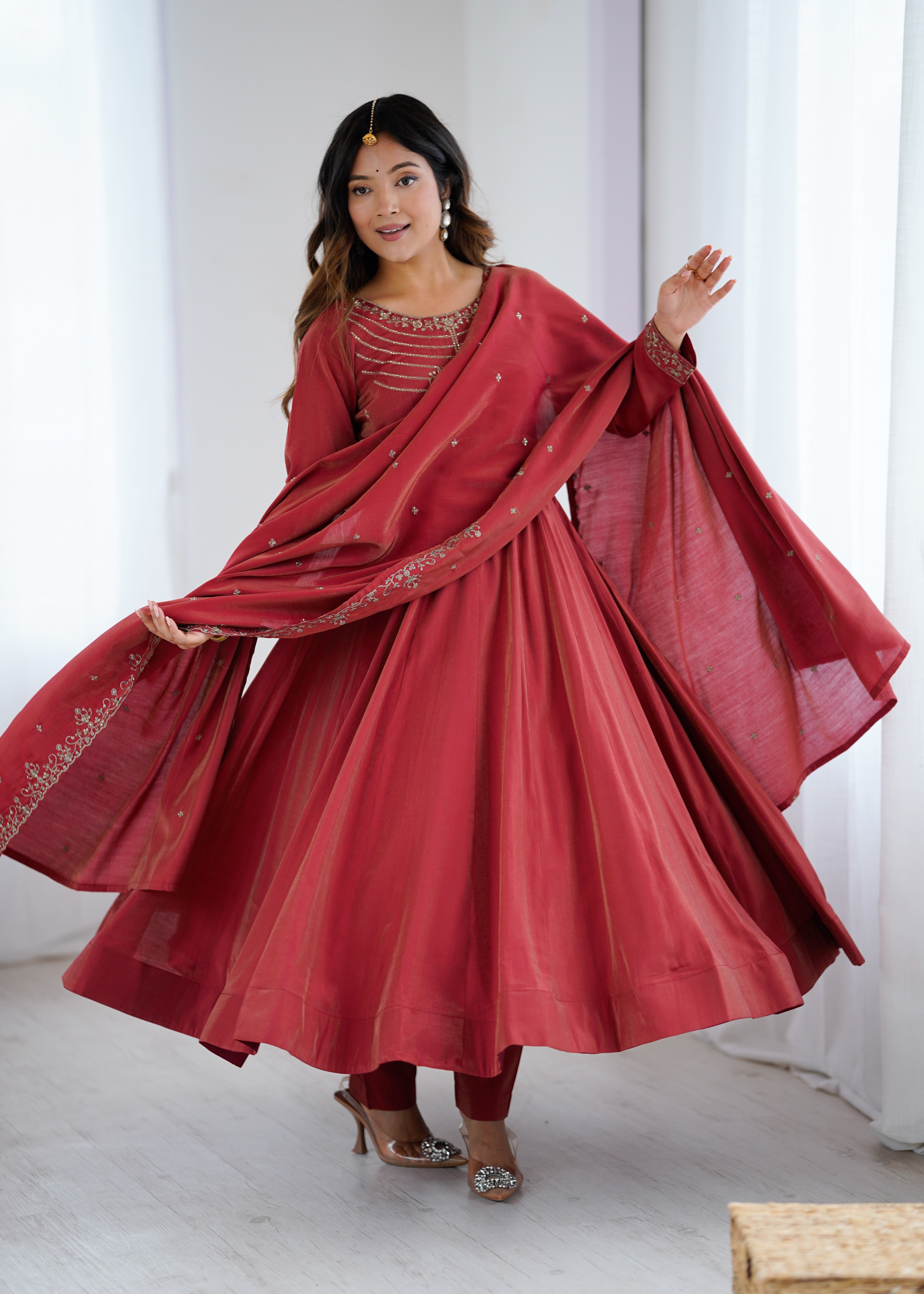 Roman Shimmer Chanderi Silk Anarkali Suit Set with Dupatta and Pant