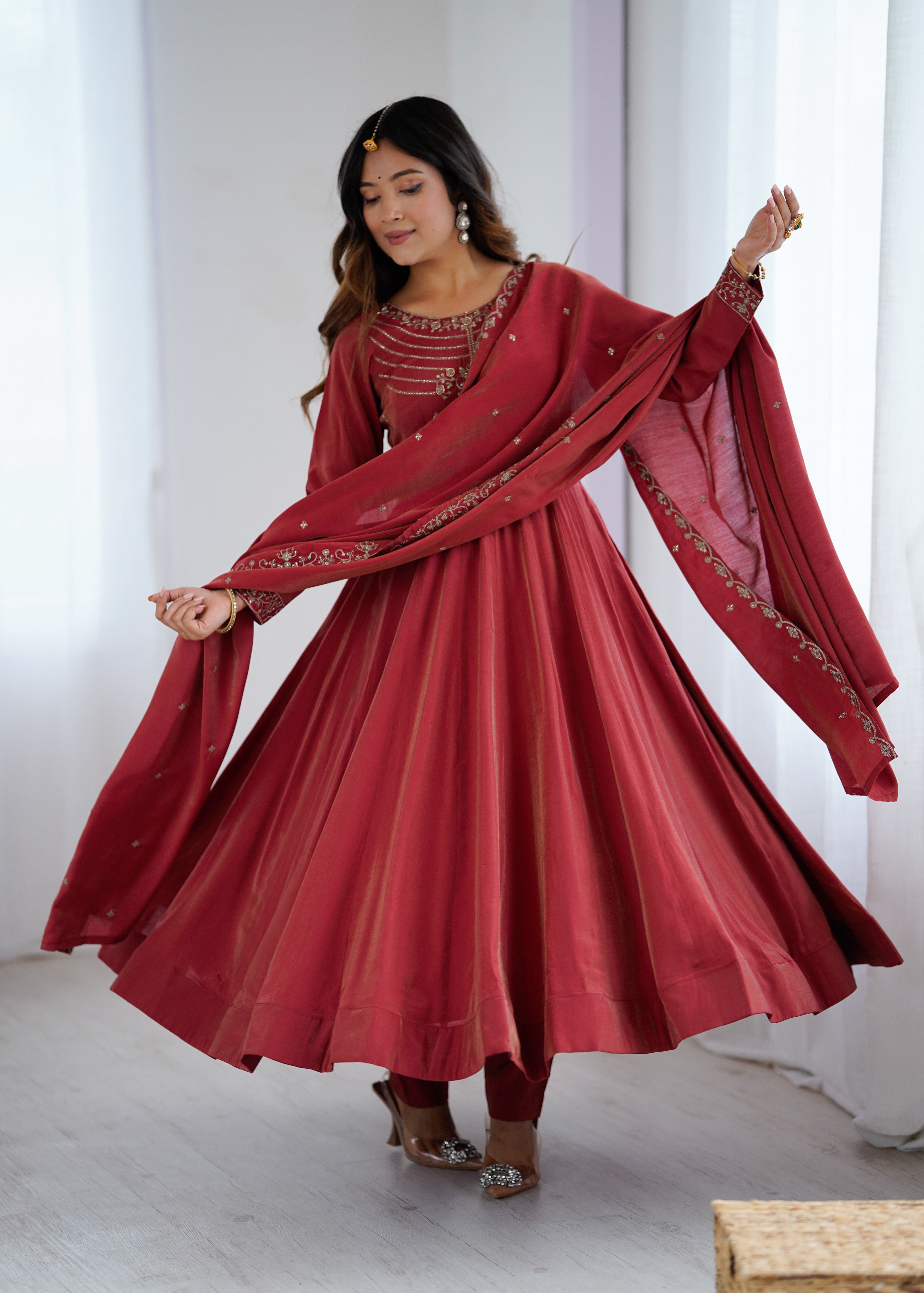 Roman Shimmer Chanderi Silk Anarkali Suit Set with Dupatta and Pant