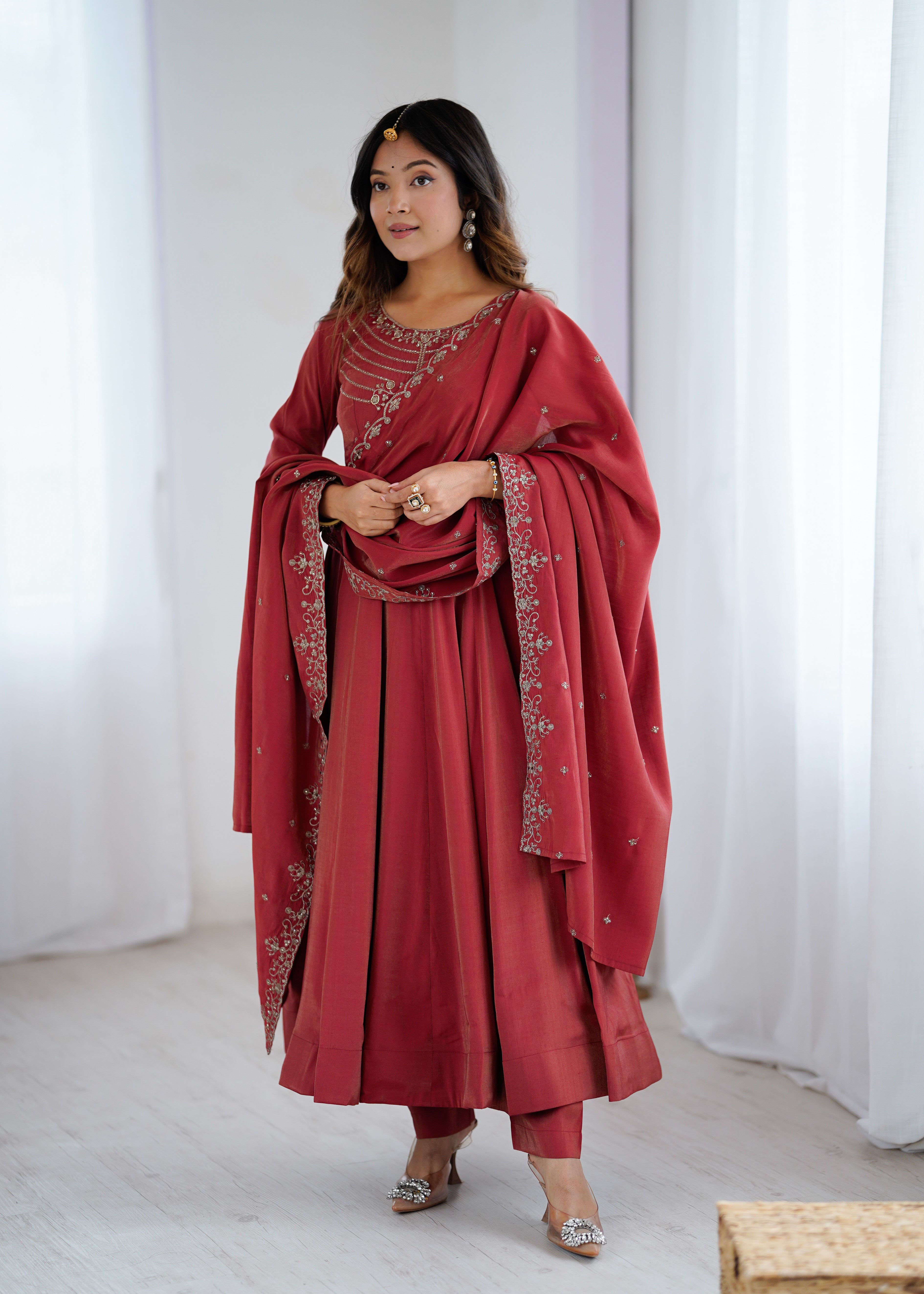 Roman Shimmer Chanderi Silk Anarkali Suit Set with Dupatta and Pant