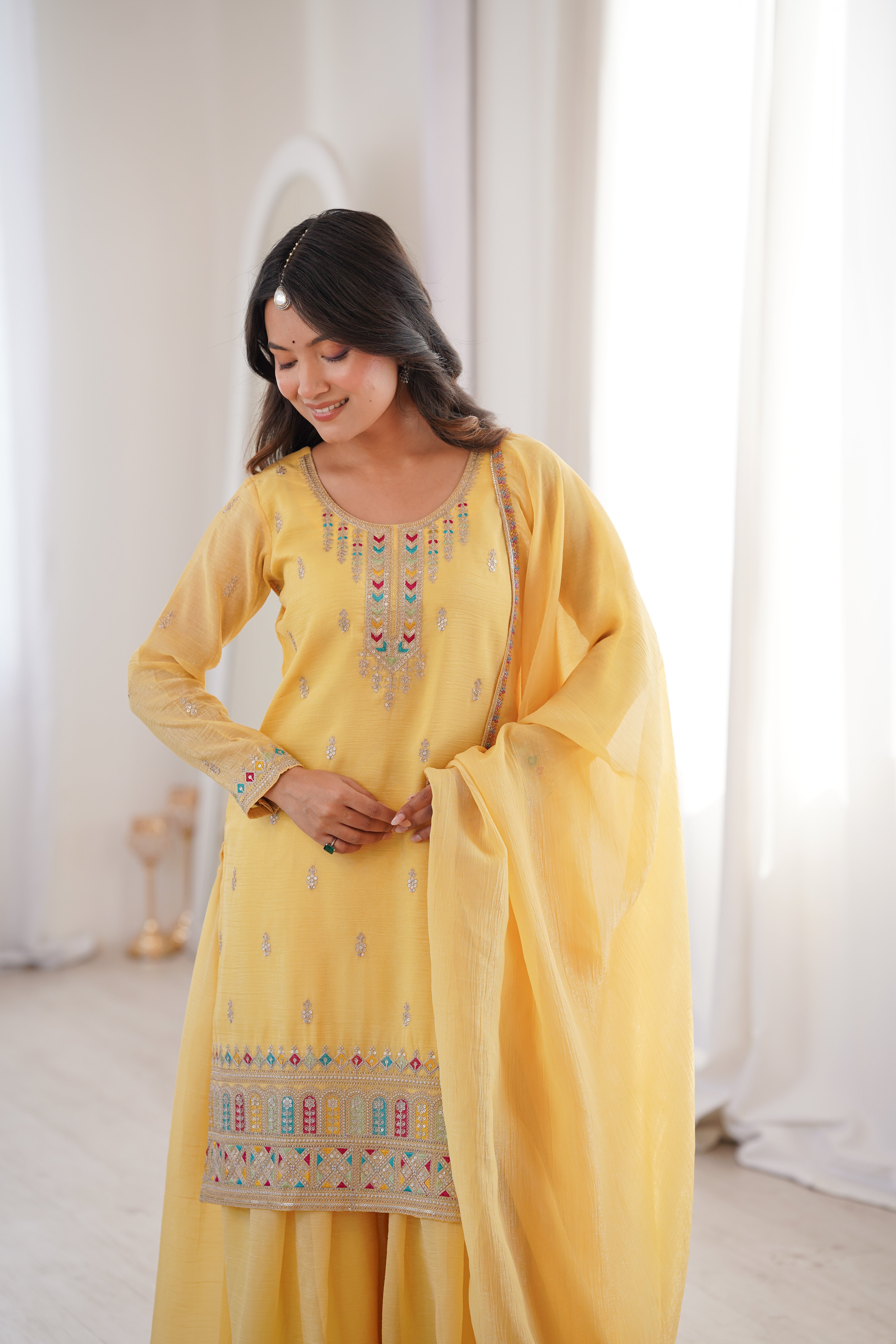 Premium Crunchy Silk Embroidered Kurta Sharara Set with Dupatta