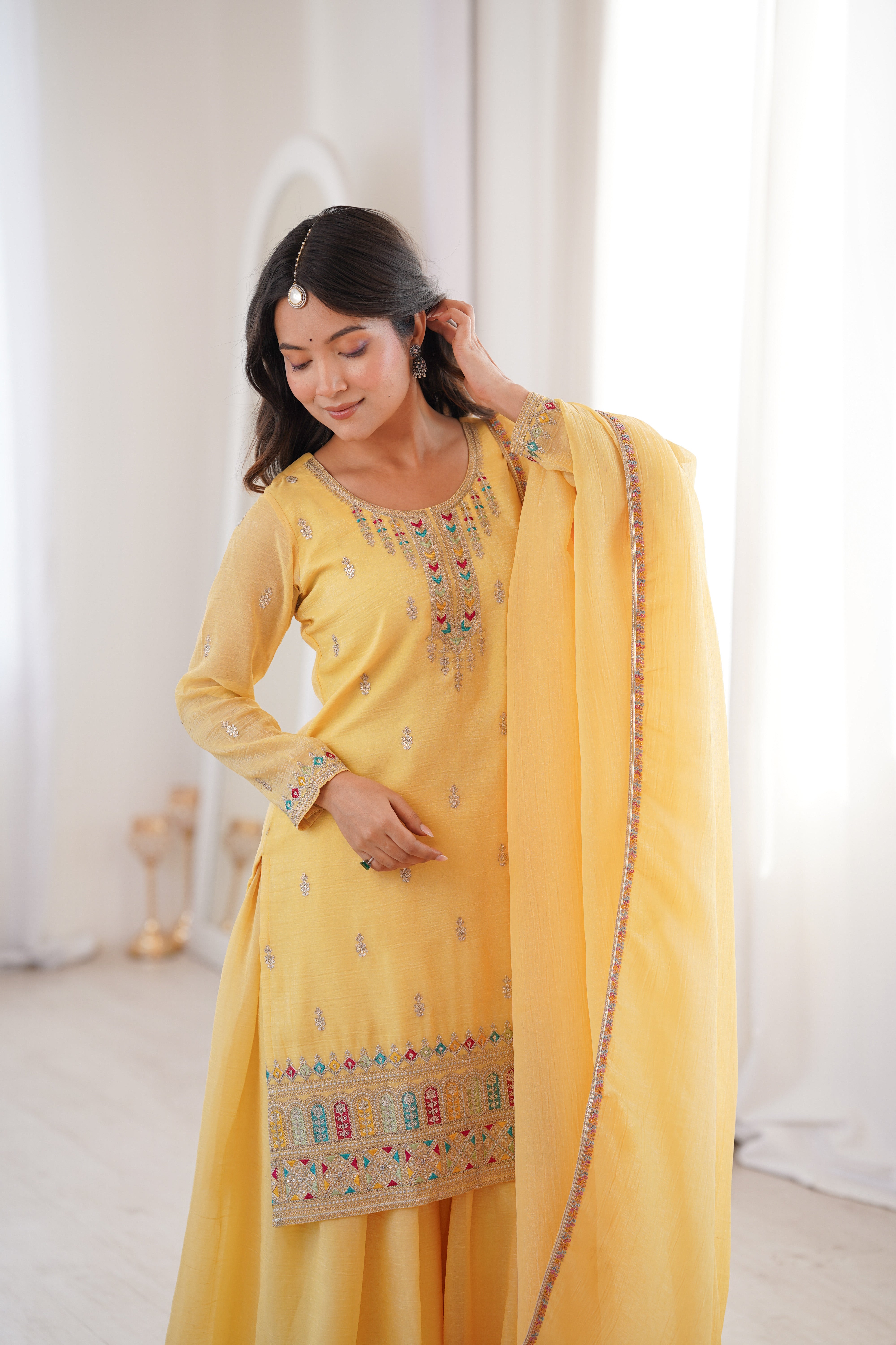 Premium Crunchy Silk Embroidered Kurta Sharara Set with Dupatta