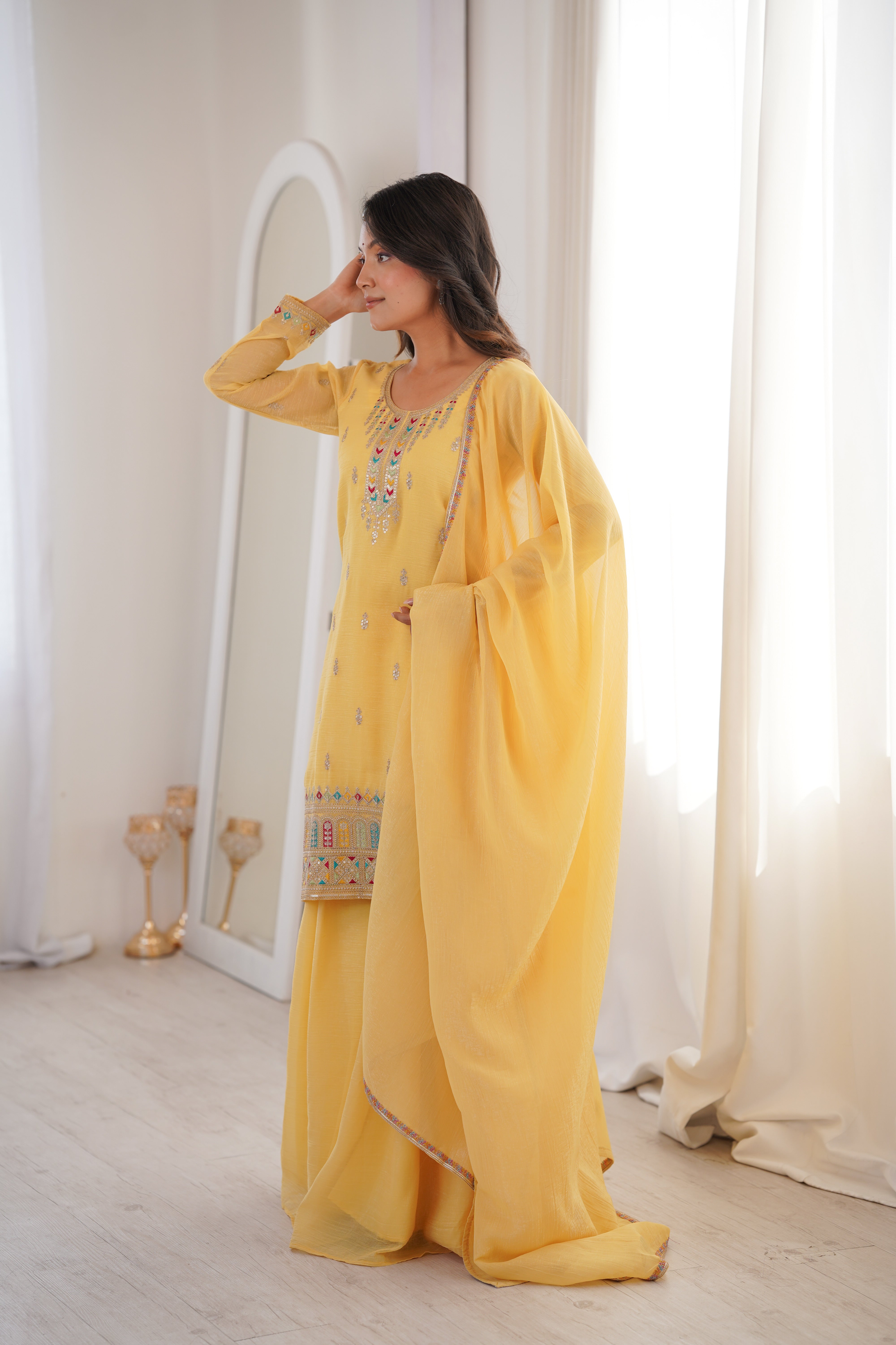 Premium Crunchy Silk Embroidered Kurta Sharara Set with Dupatta
