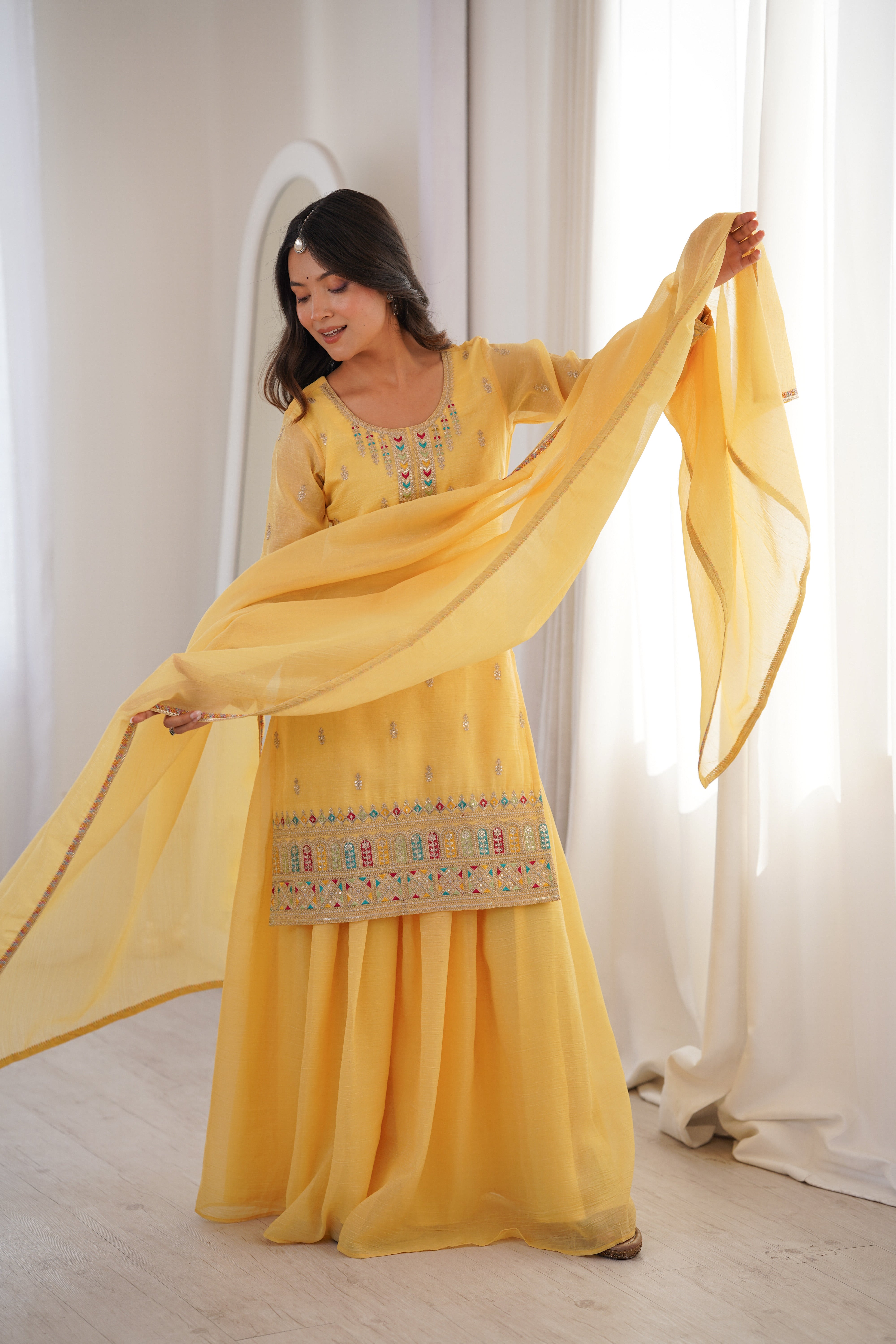 Premium Crunchy Silk Embroidered Kurta Sharara Set with Dupatta