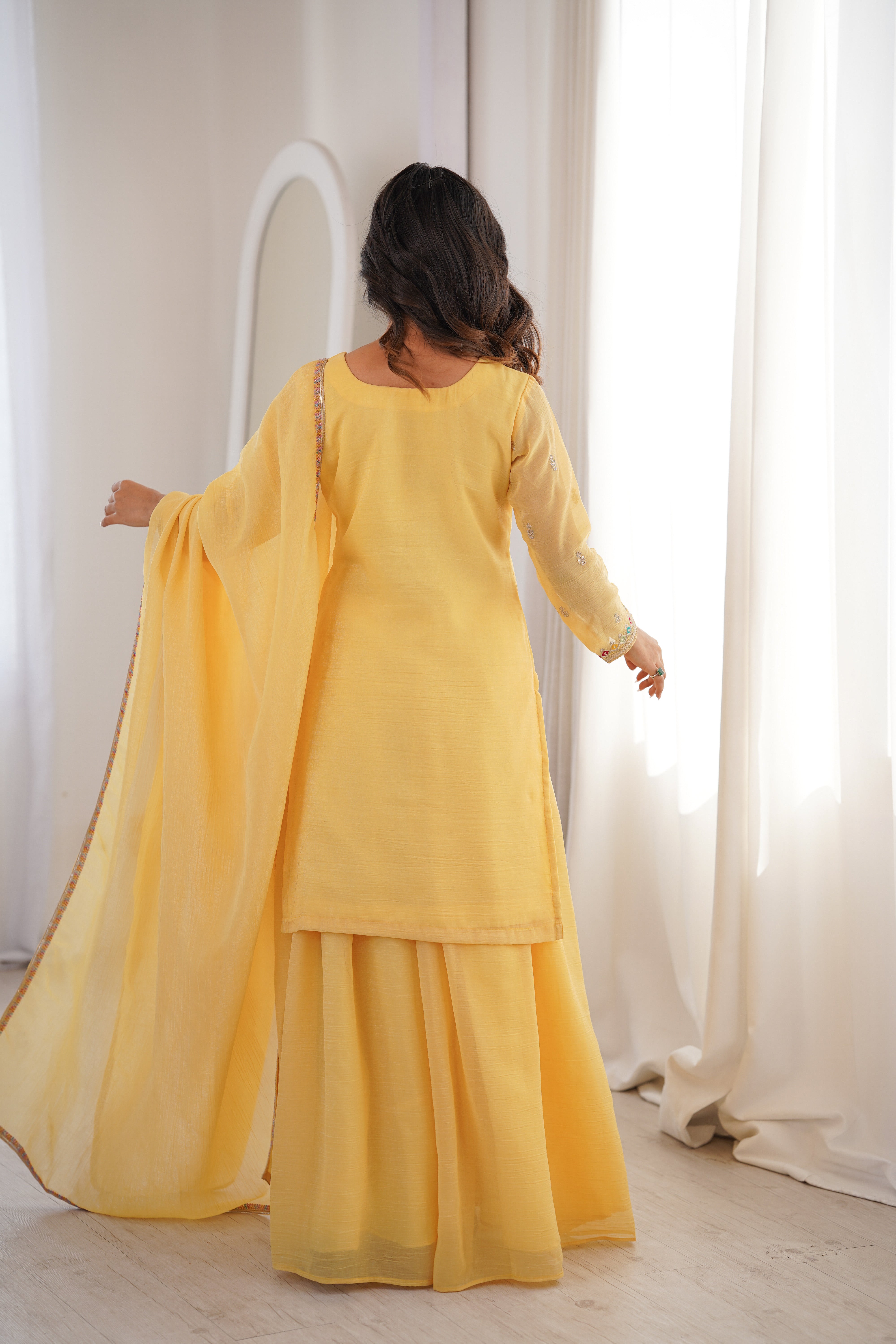 Premium Crunchy Silk Embroidered Kurta Sharara Set with Dupatta