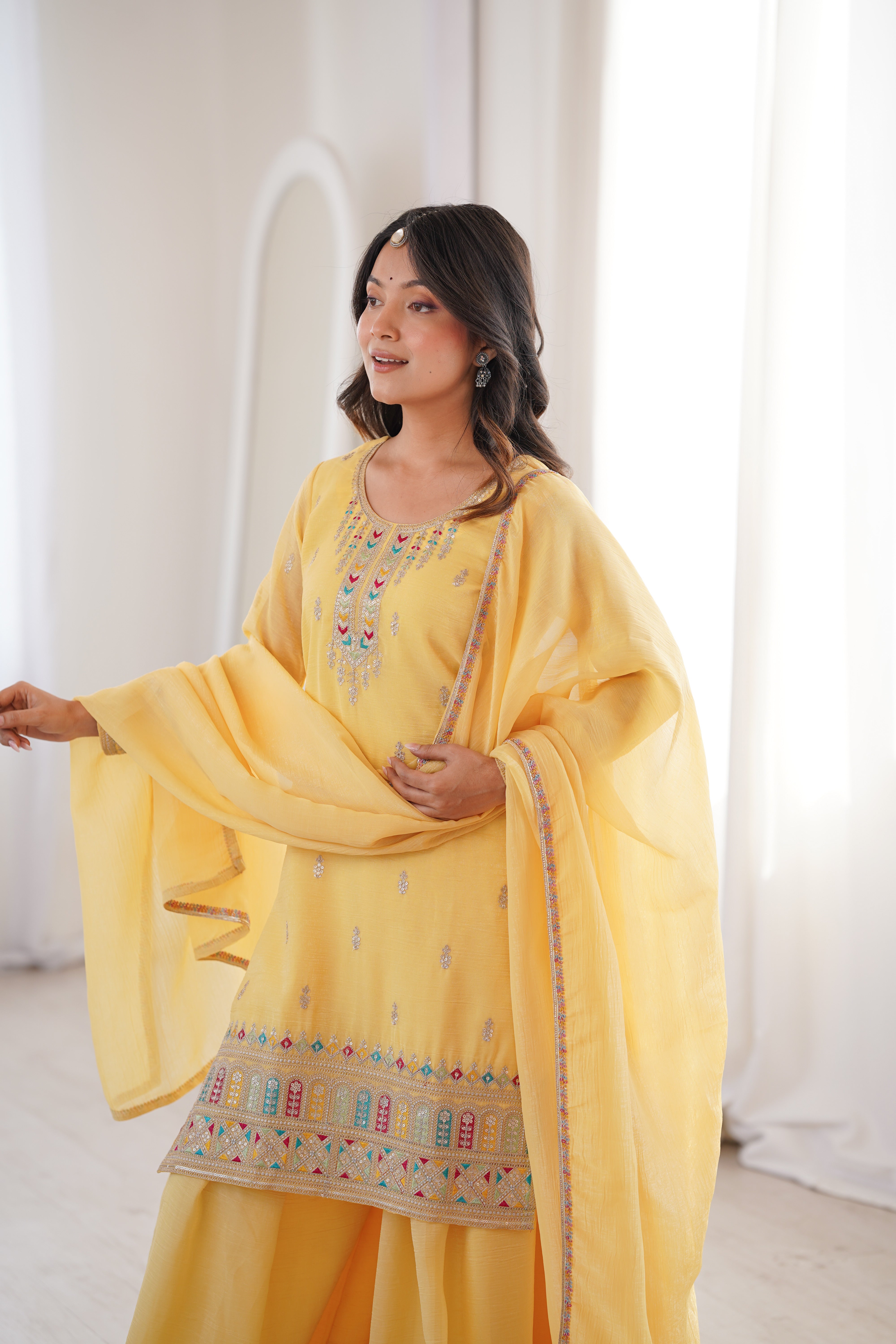 Premium Crunchy Silk Embroidered Kurta Sharara Set with Dupatta