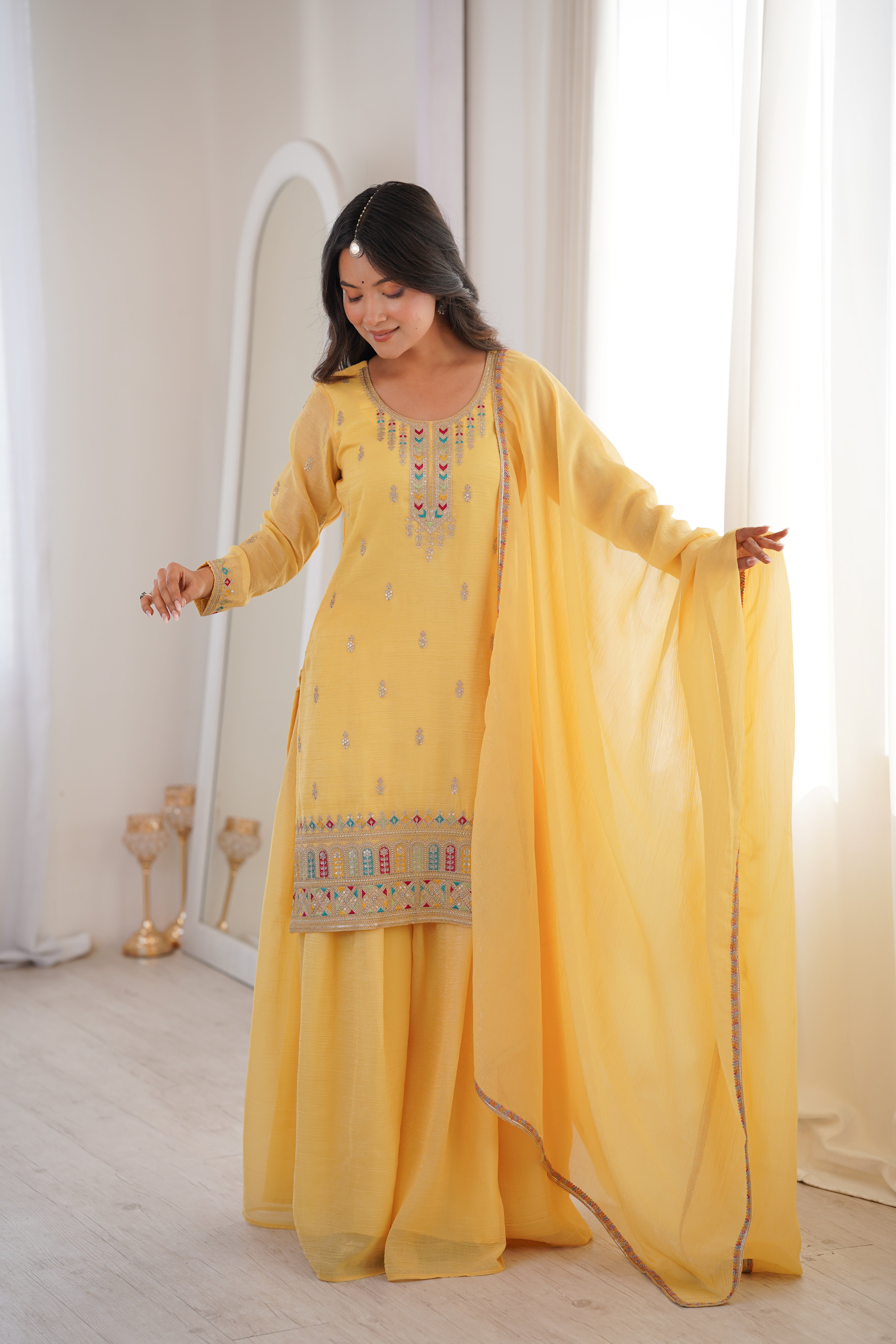 Premium Crunchy Silk Embroidered Kurta Sharara Set with Dupatta