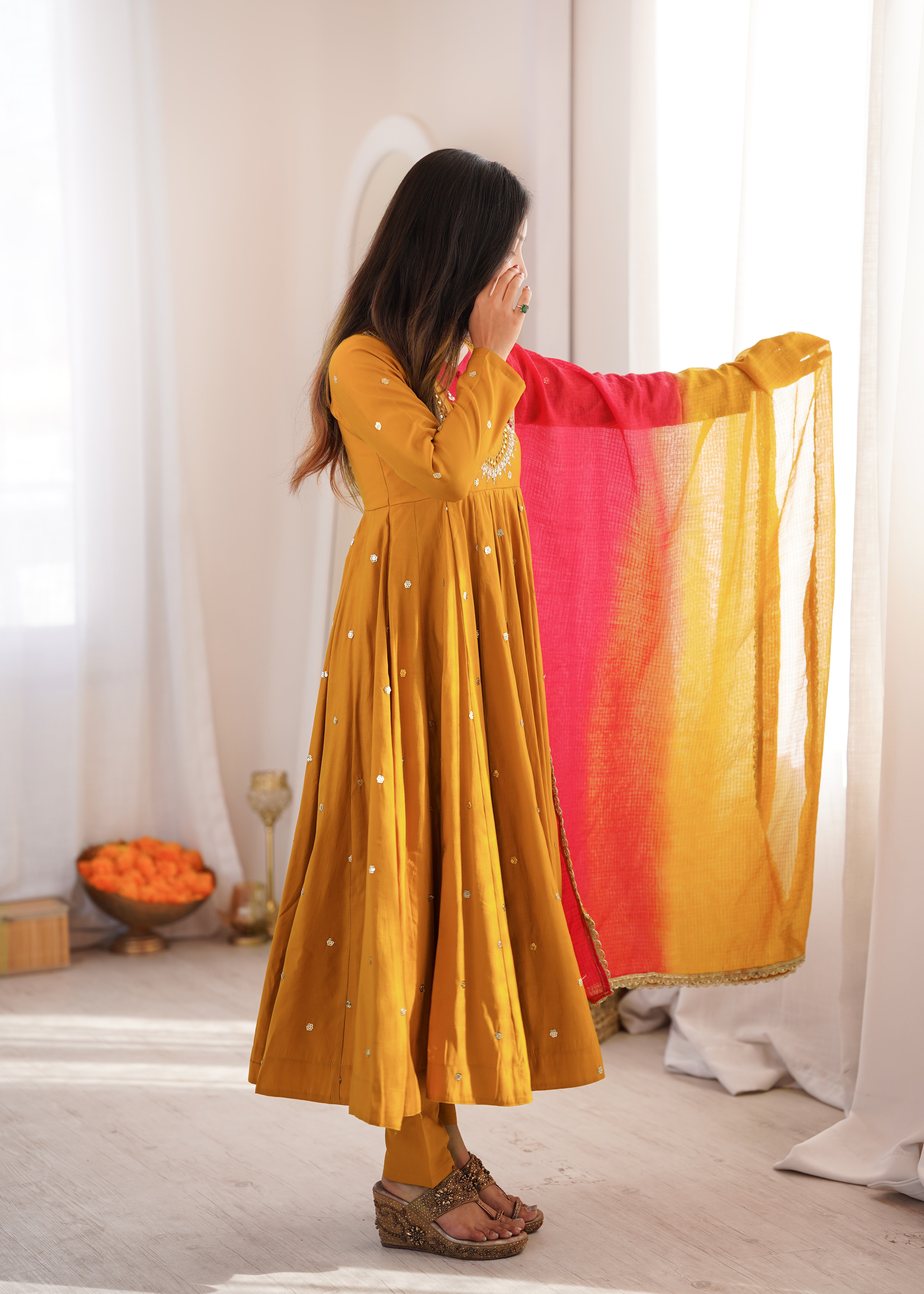 Roman Silk Embroidered Anarkali Gown with Real Mirror Work Three Piece Set
