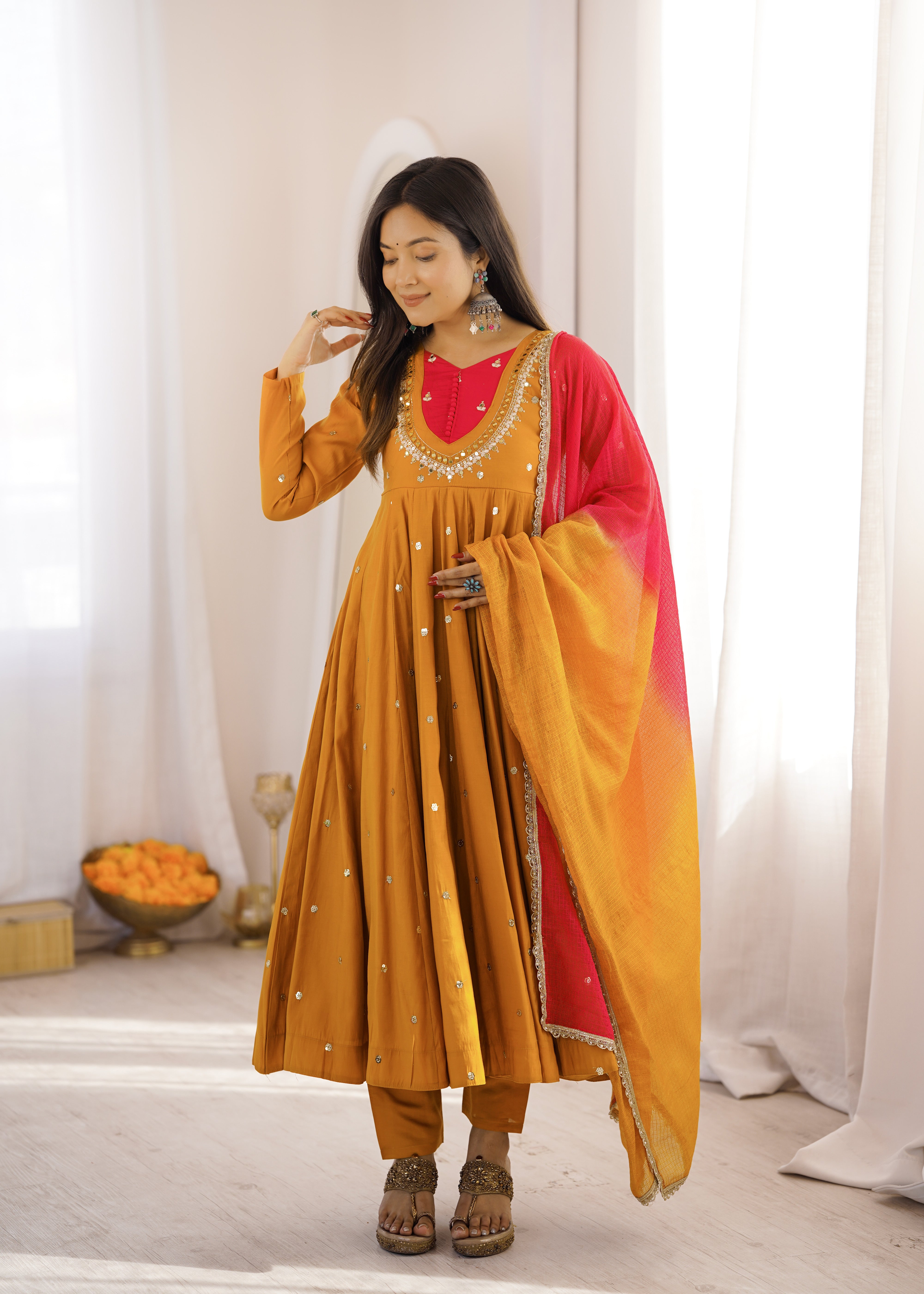 Roman Silk Embroidered Anarkali Gown with Real Mirror Work Three Piece Set