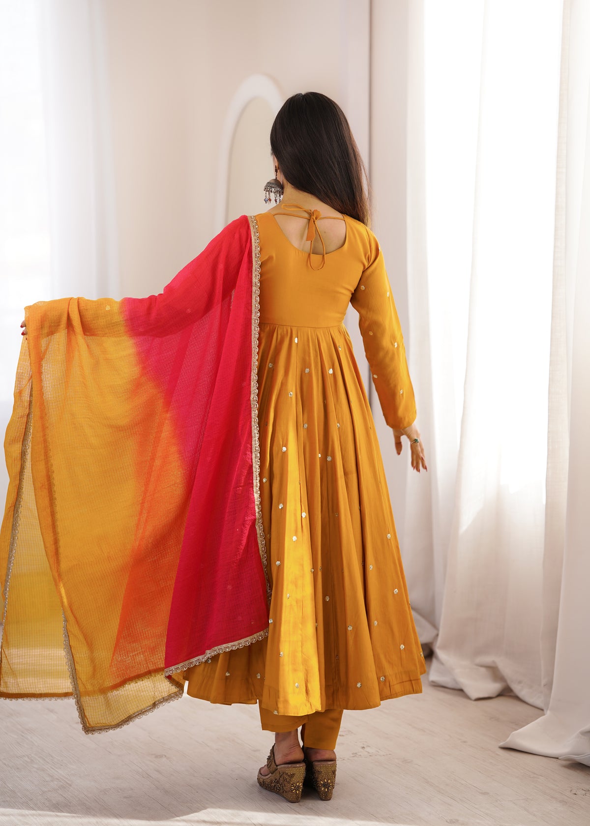 Roman Silk Embroidered Anarkali Gown with Real Mirror Work Three Piece Set