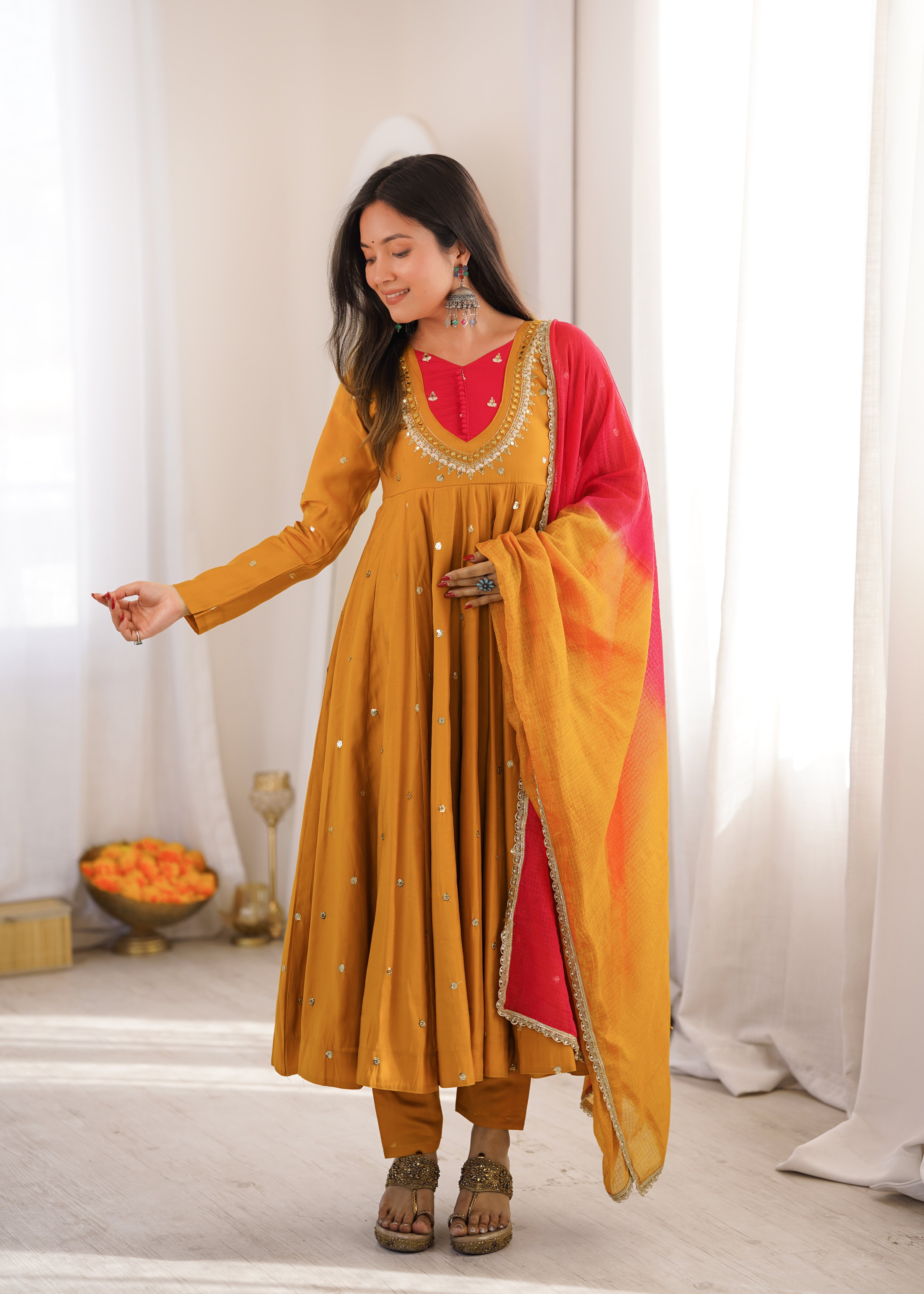 Roman Silk Embroidered Anarkali Gown with Real Mirror Work Three Piece Set