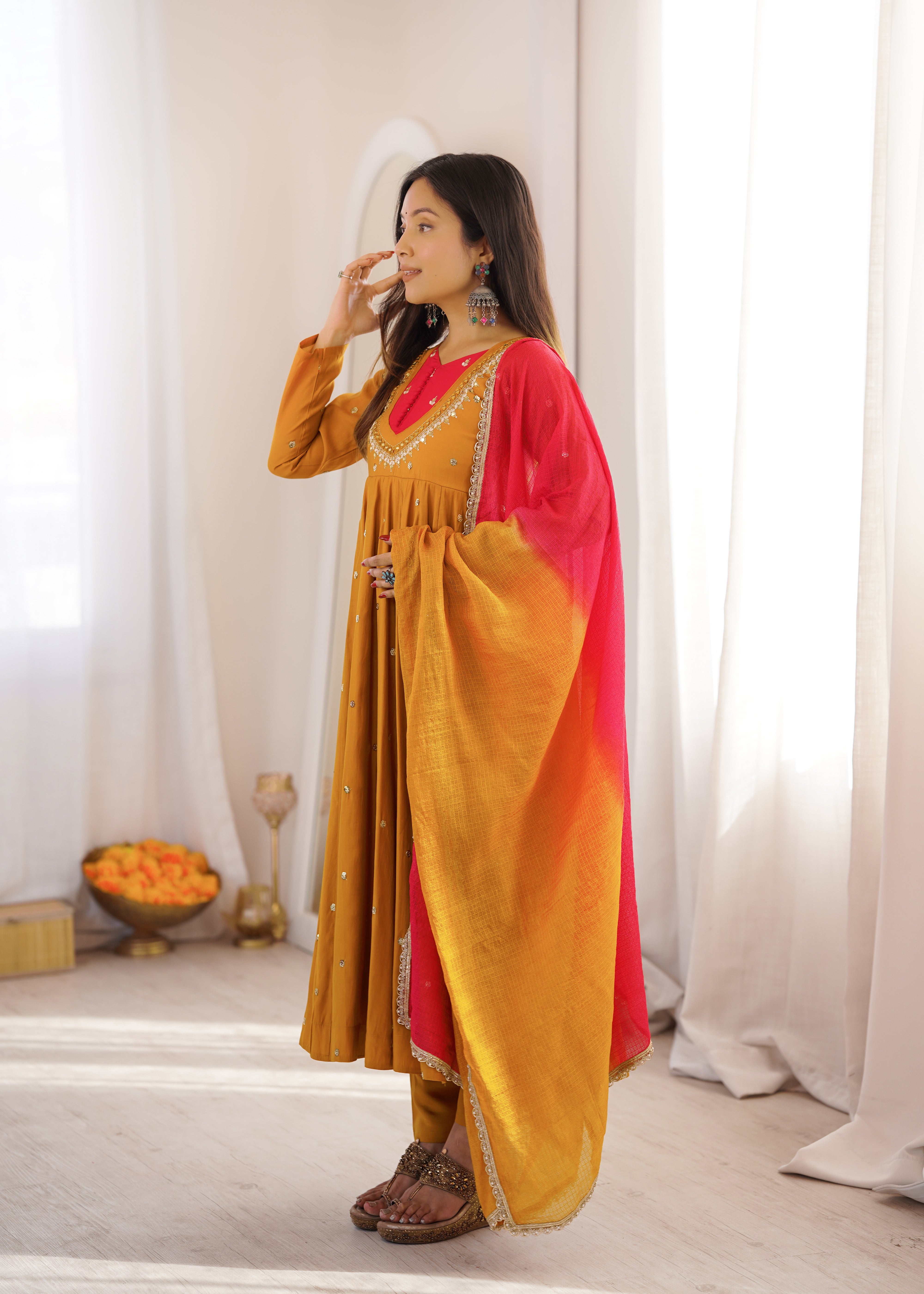 Roman Silk Embroidered Anarkali Gown with Real Mirror Work Three Piece Set