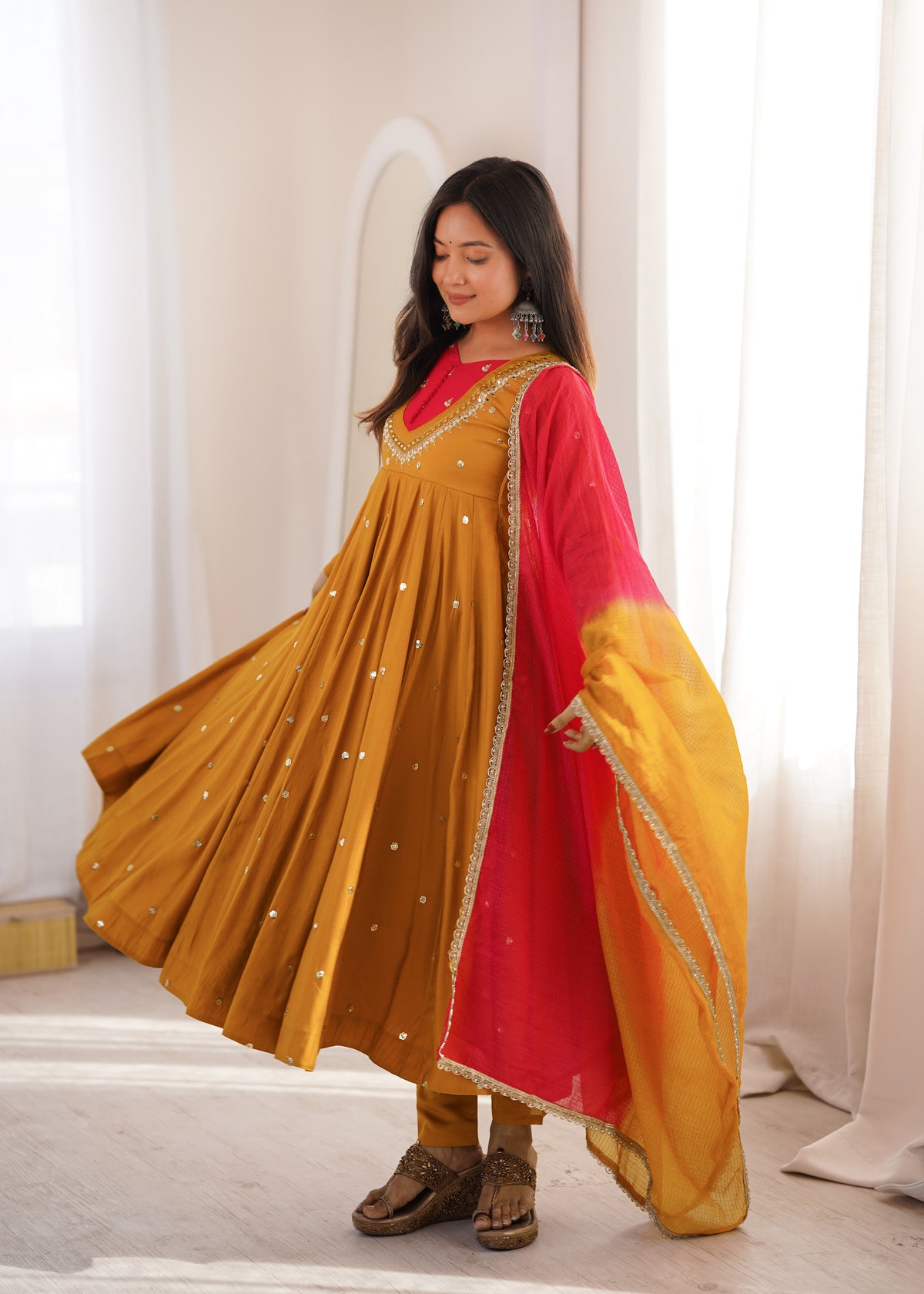 Roman Silk Embroidered Anarkali Gown with Real Mirror Work Three Piece Set