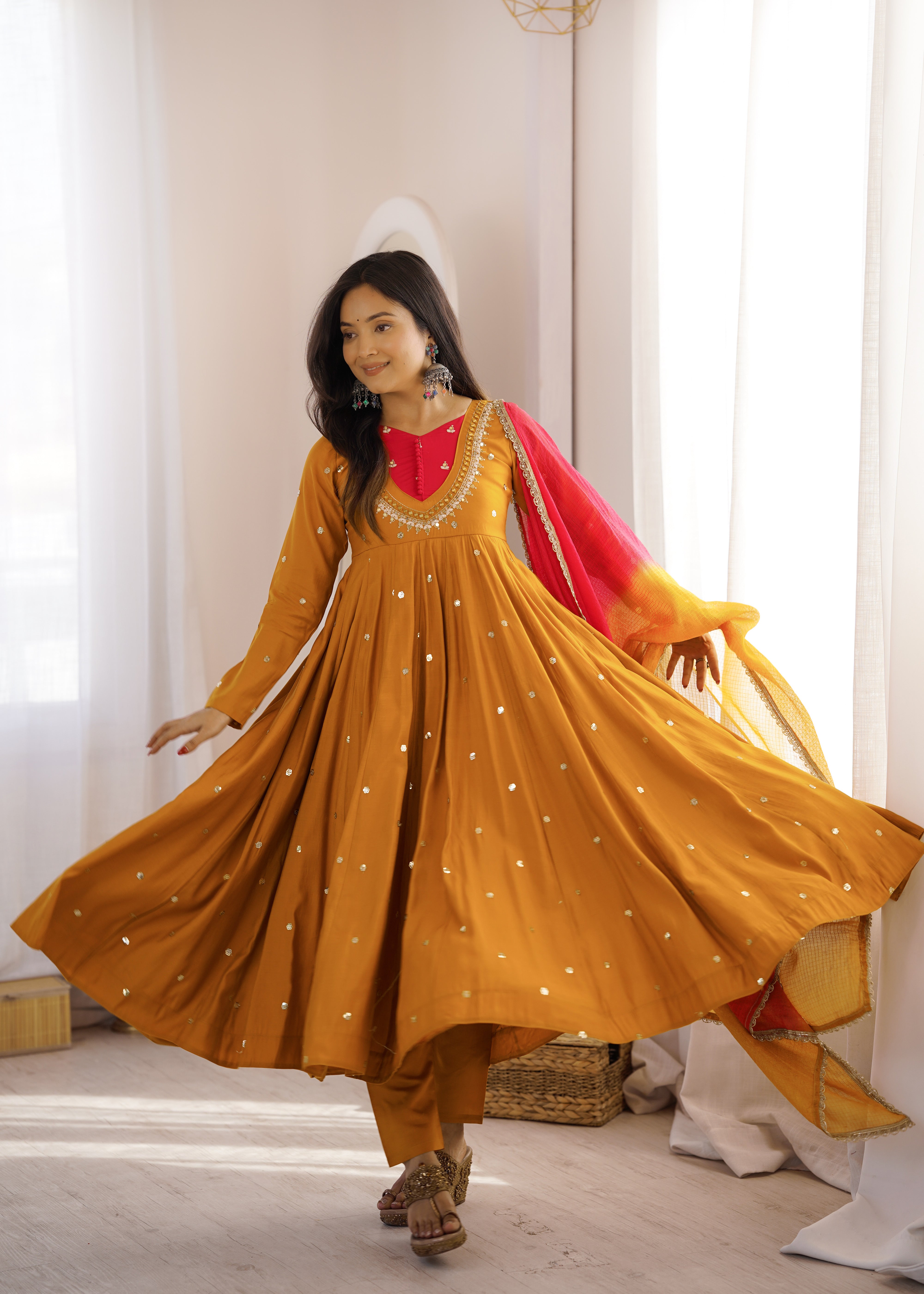Roman Silk Embroidered Anarkali Gown with Real Mirror Work Three Piece Set