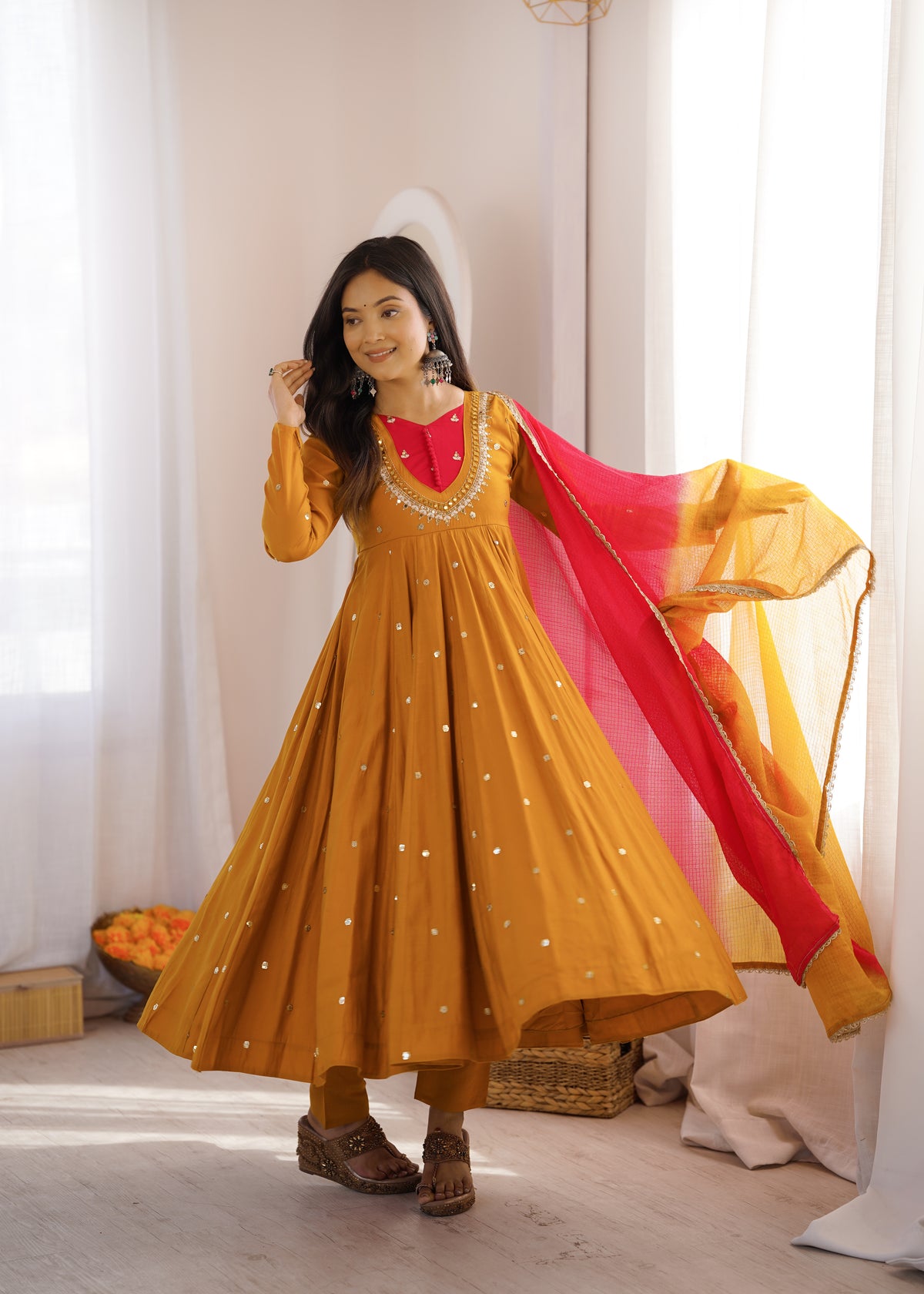 Roman Silk Embroidered Anarkali Gown with Real Mirror Work Three Piece Set