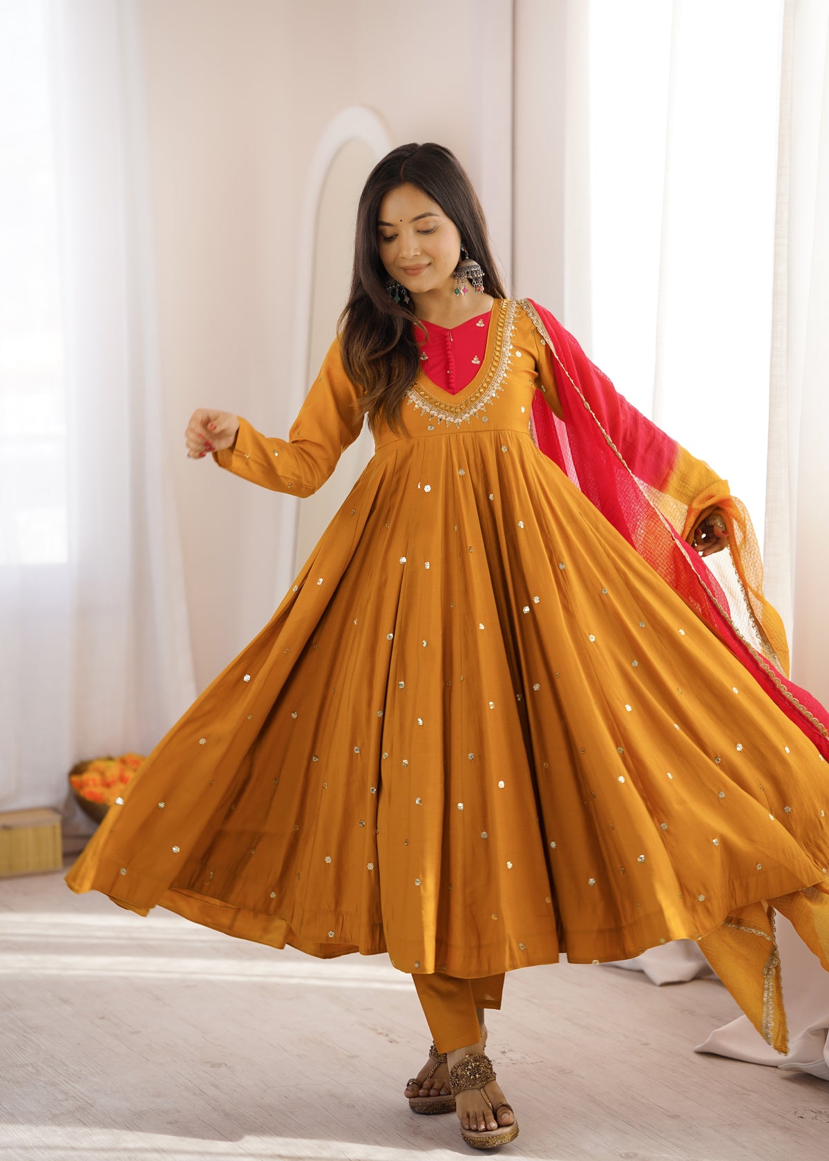 Roman Silk Embroidered Anarkali Gown with Real Mirror Work Three Piece Set