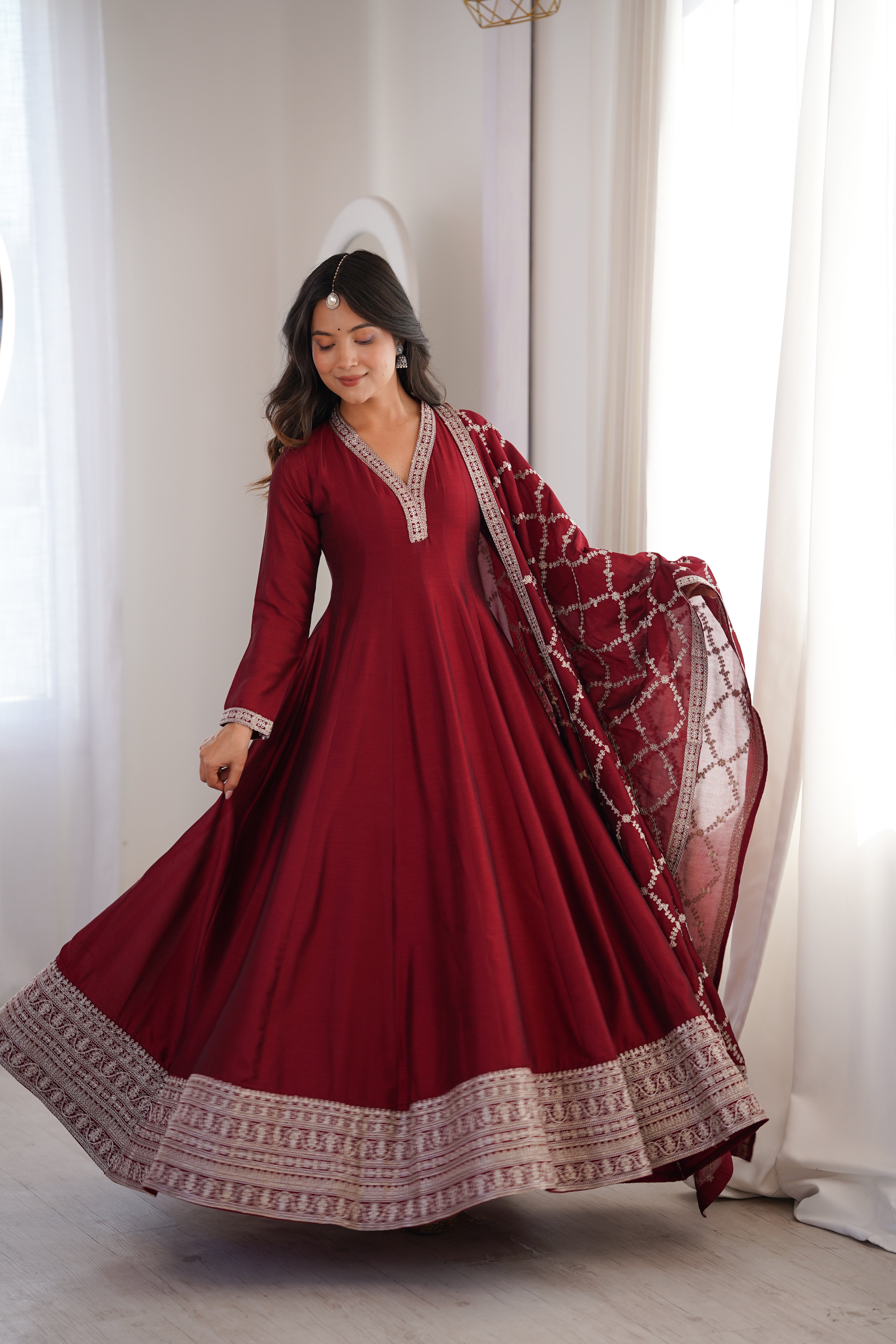 Premium Blooming Vichitra Silk Full Flare Anarkali Gown with Embroidered Dupatta