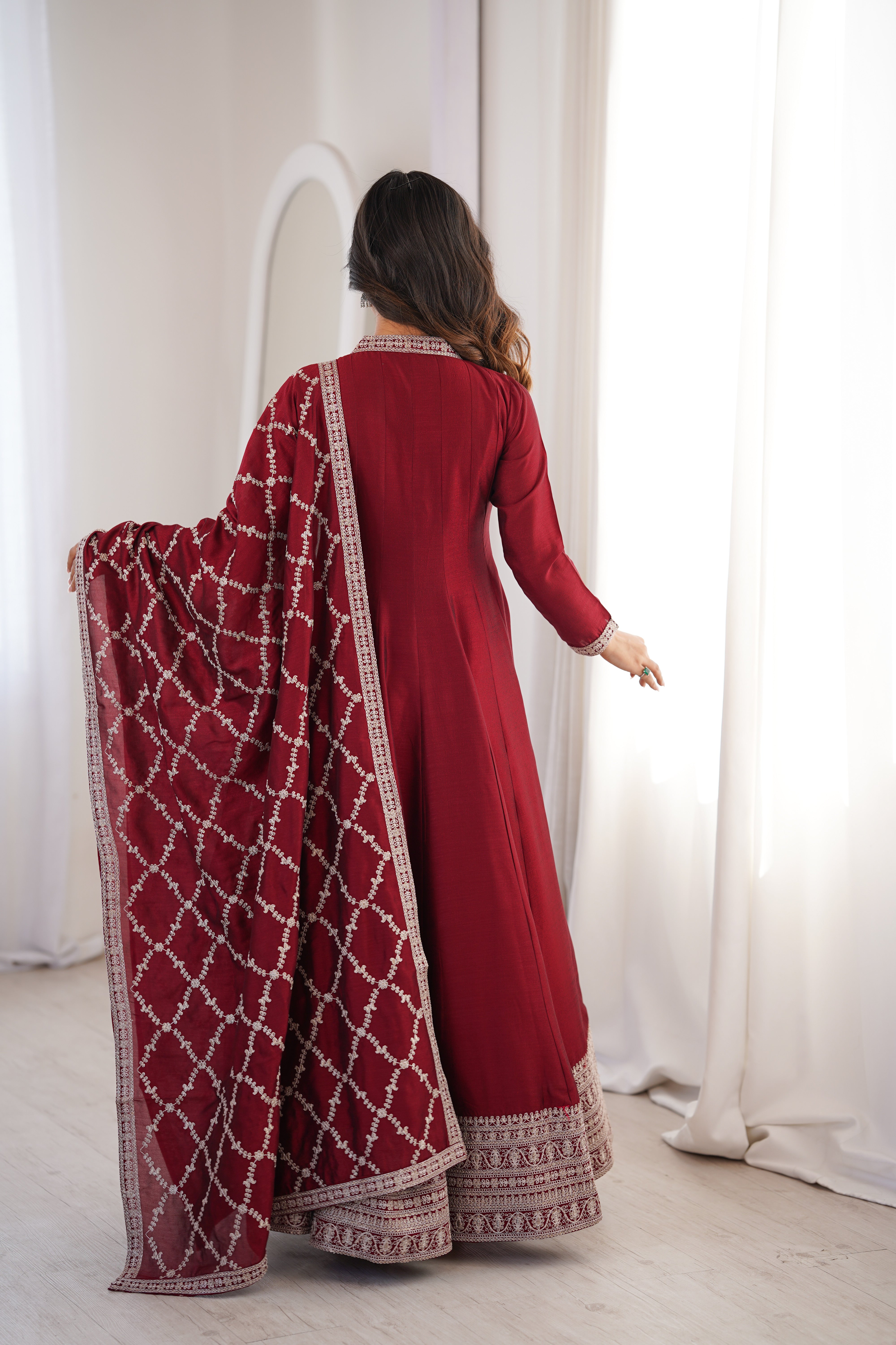 Premium Blooming Vichitra Silk Full Flare Anarkali Gown with Embroidered Dupatta
