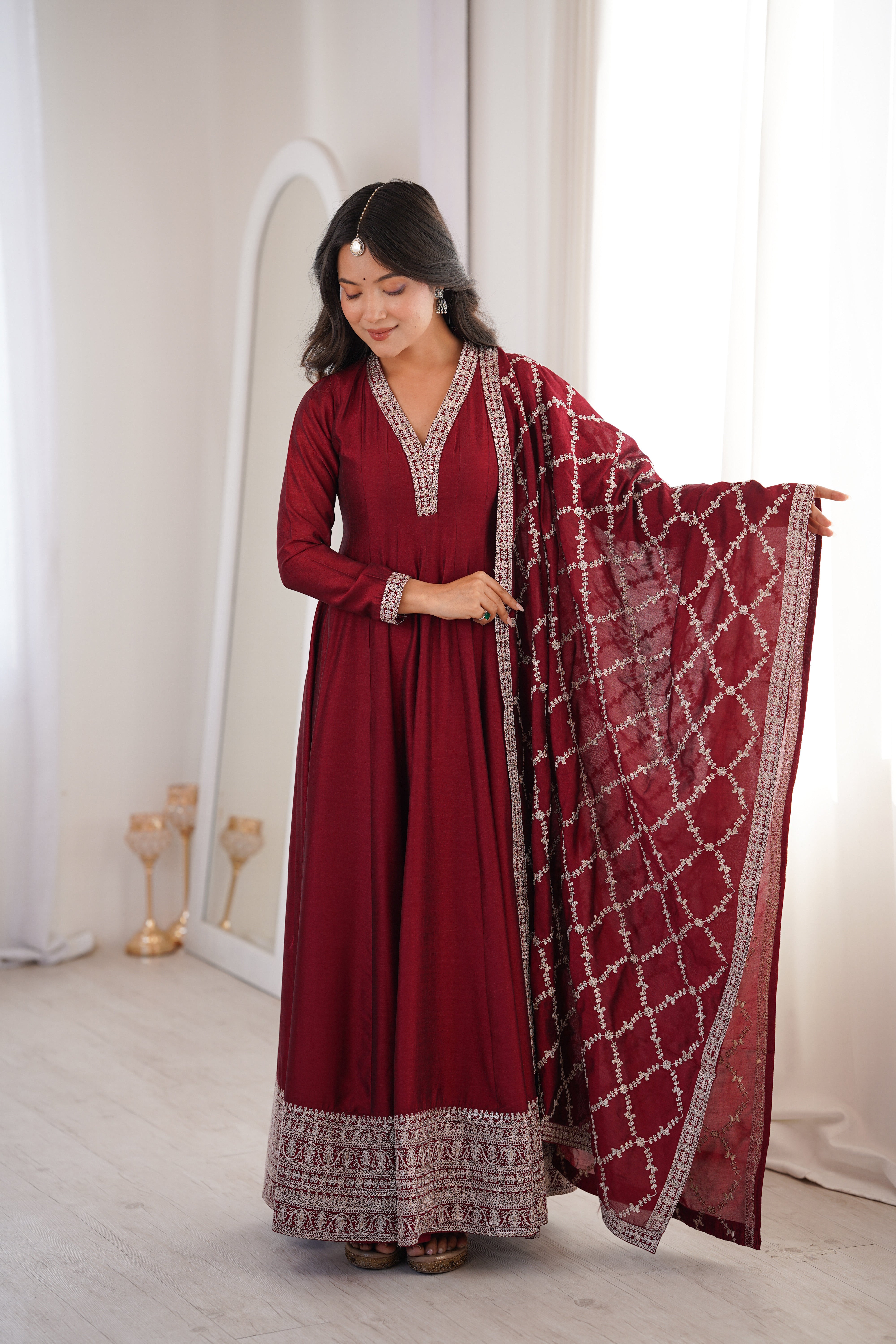 Premium Blooming Vichitra Silk Full Flare Anarkali Gown with Embroidered Dupatta