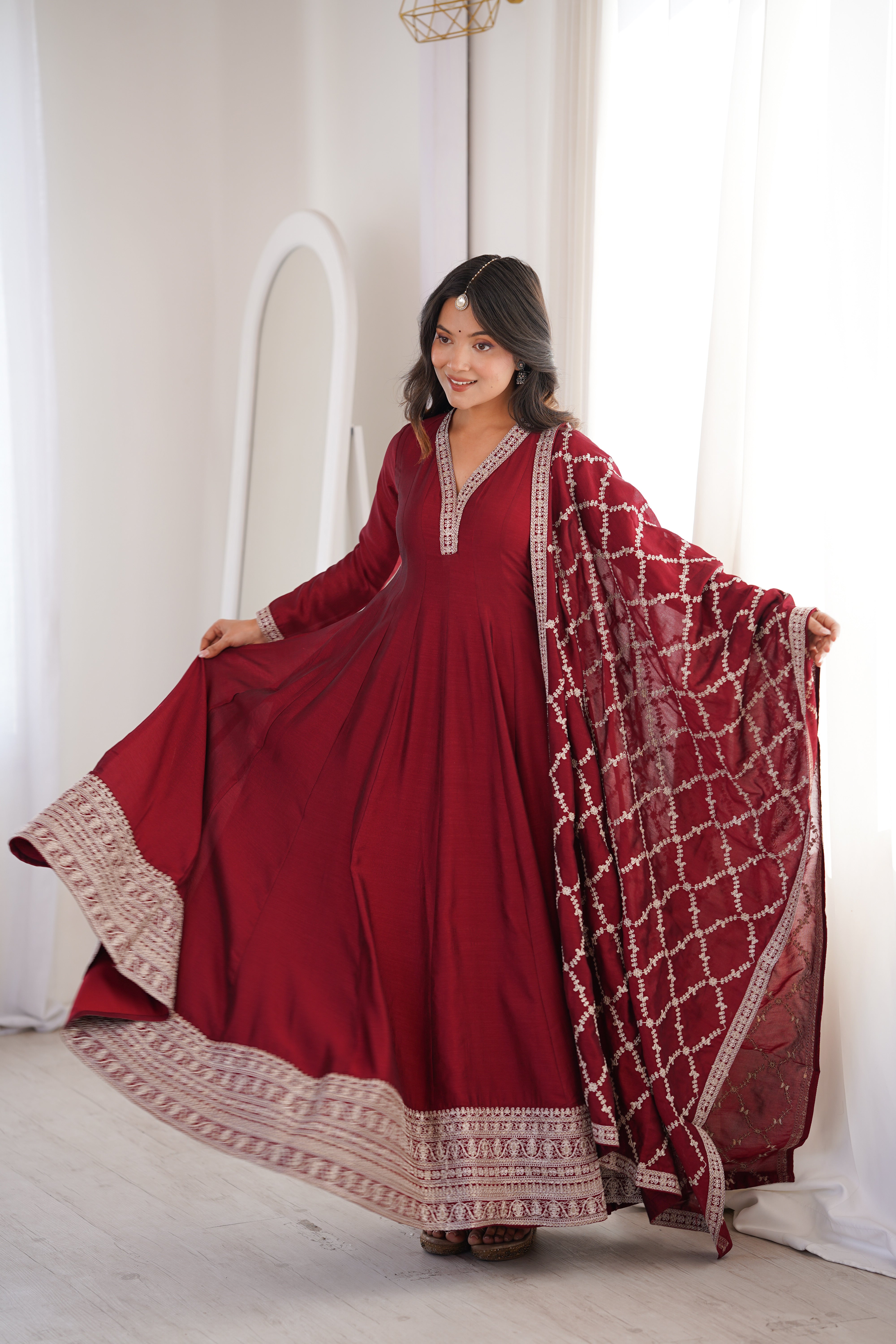 Premium Blooming Vichitra Silk Full Flare Anarkali Gown with Embroidered Dupatta