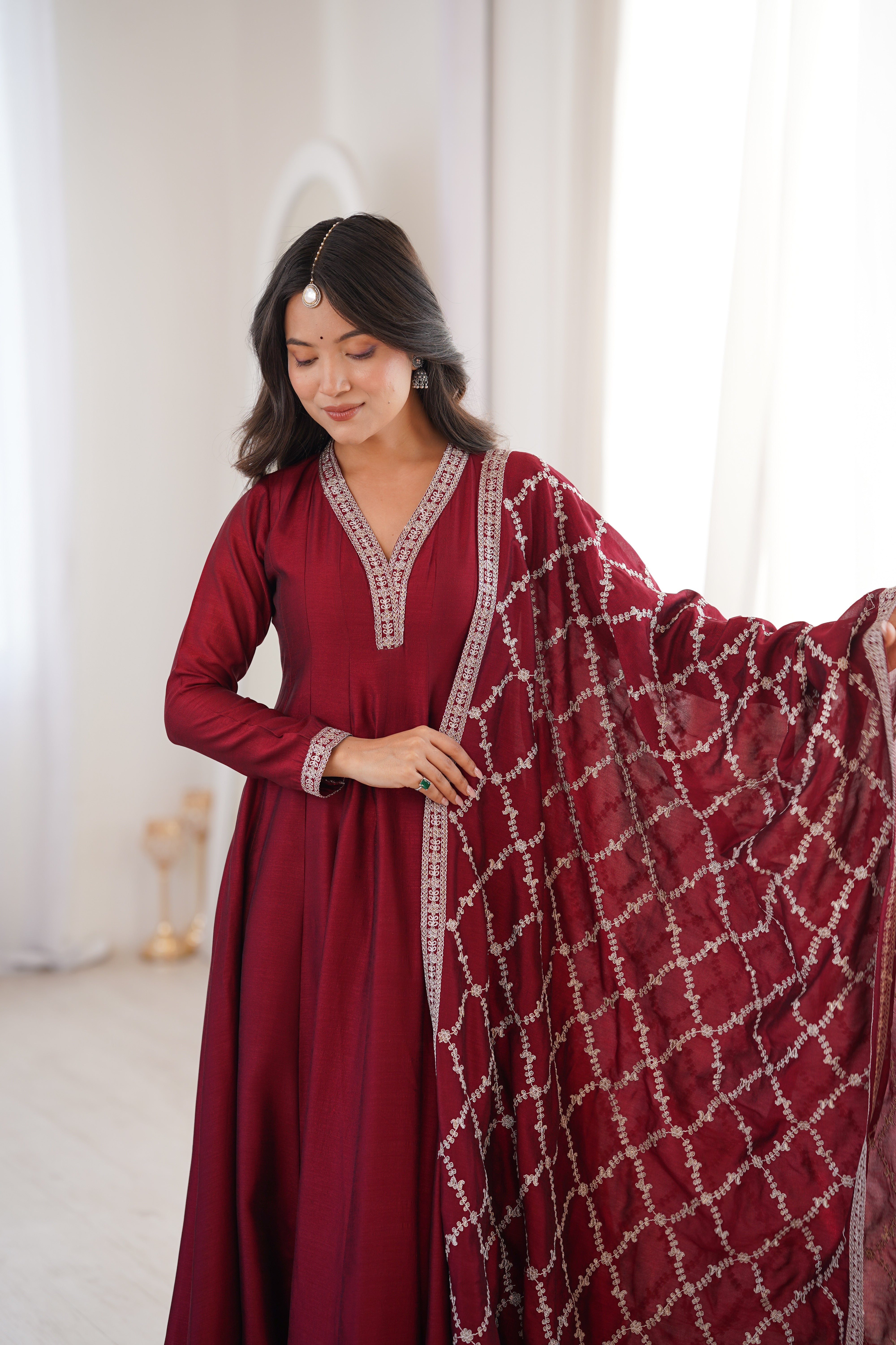 Premium Blooming Vichitra Silk Full Flare Anarkali Gown with Embroidered Dupatta