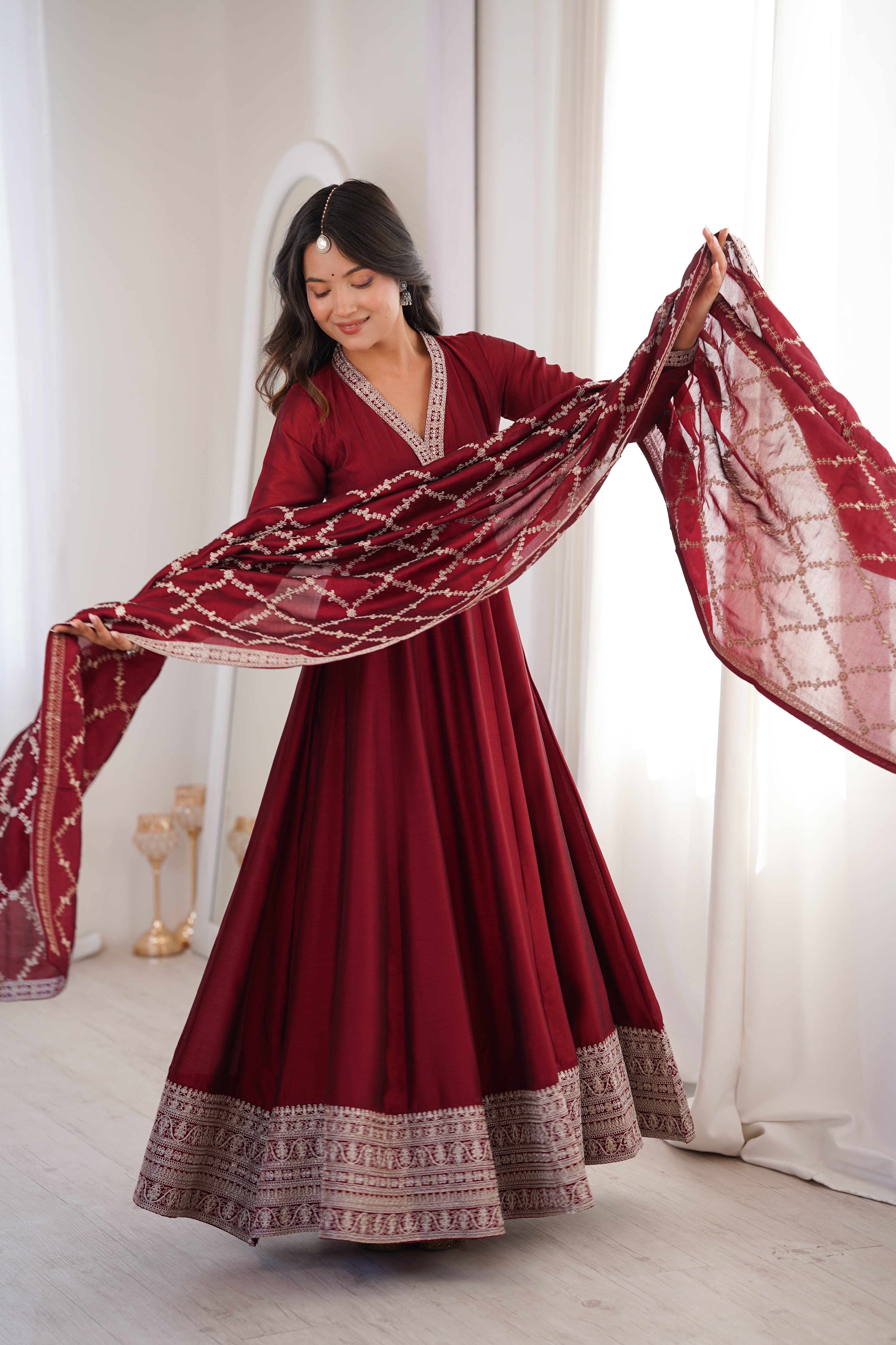 Premium Blooming Vichitra Silk Full Flare Anarkali Gown with Embroidered Dupatta