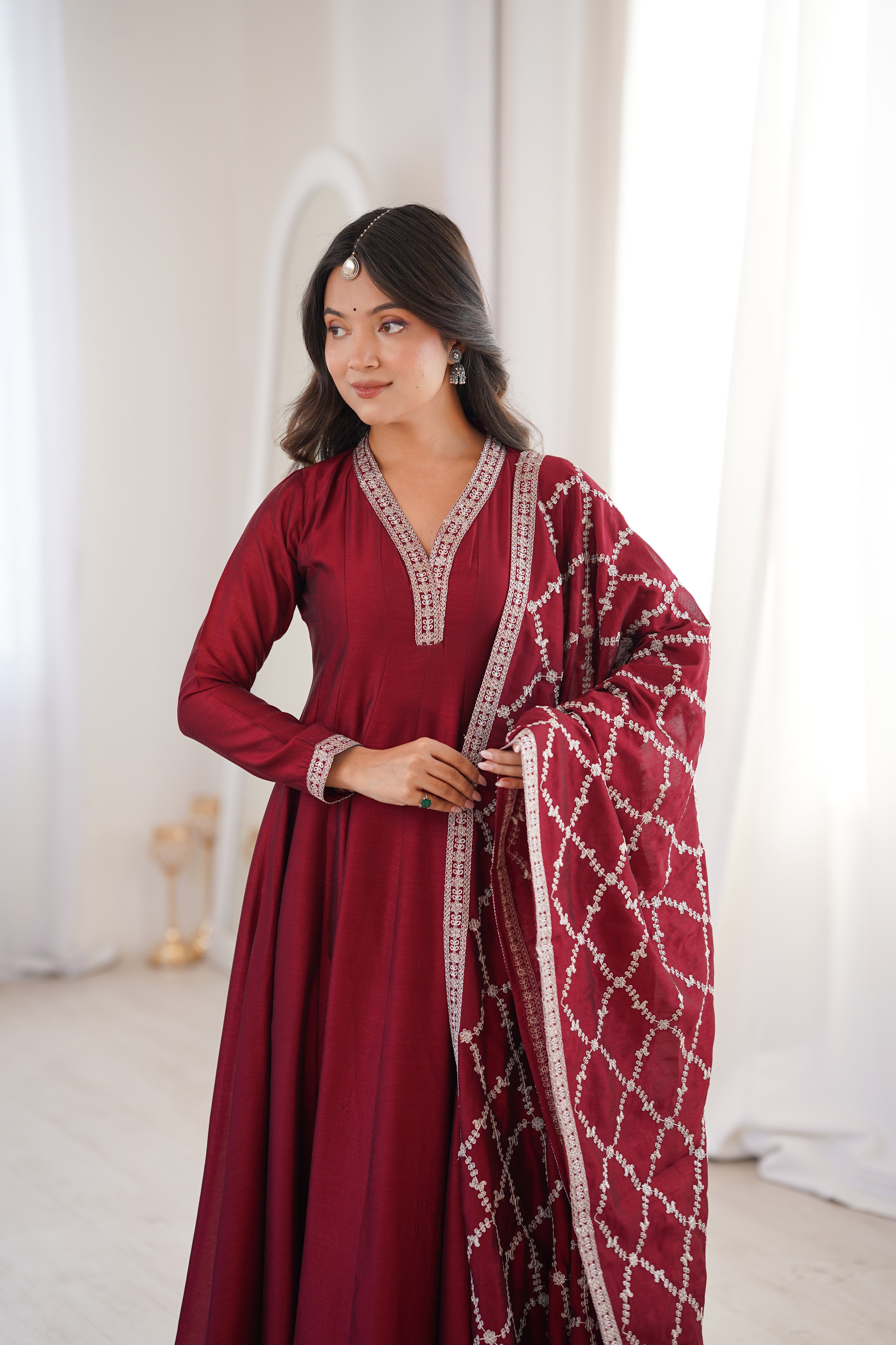 Premium Blooming Vichitra Silk Full Flare Anarkali Gown with Embroidered Dupatta