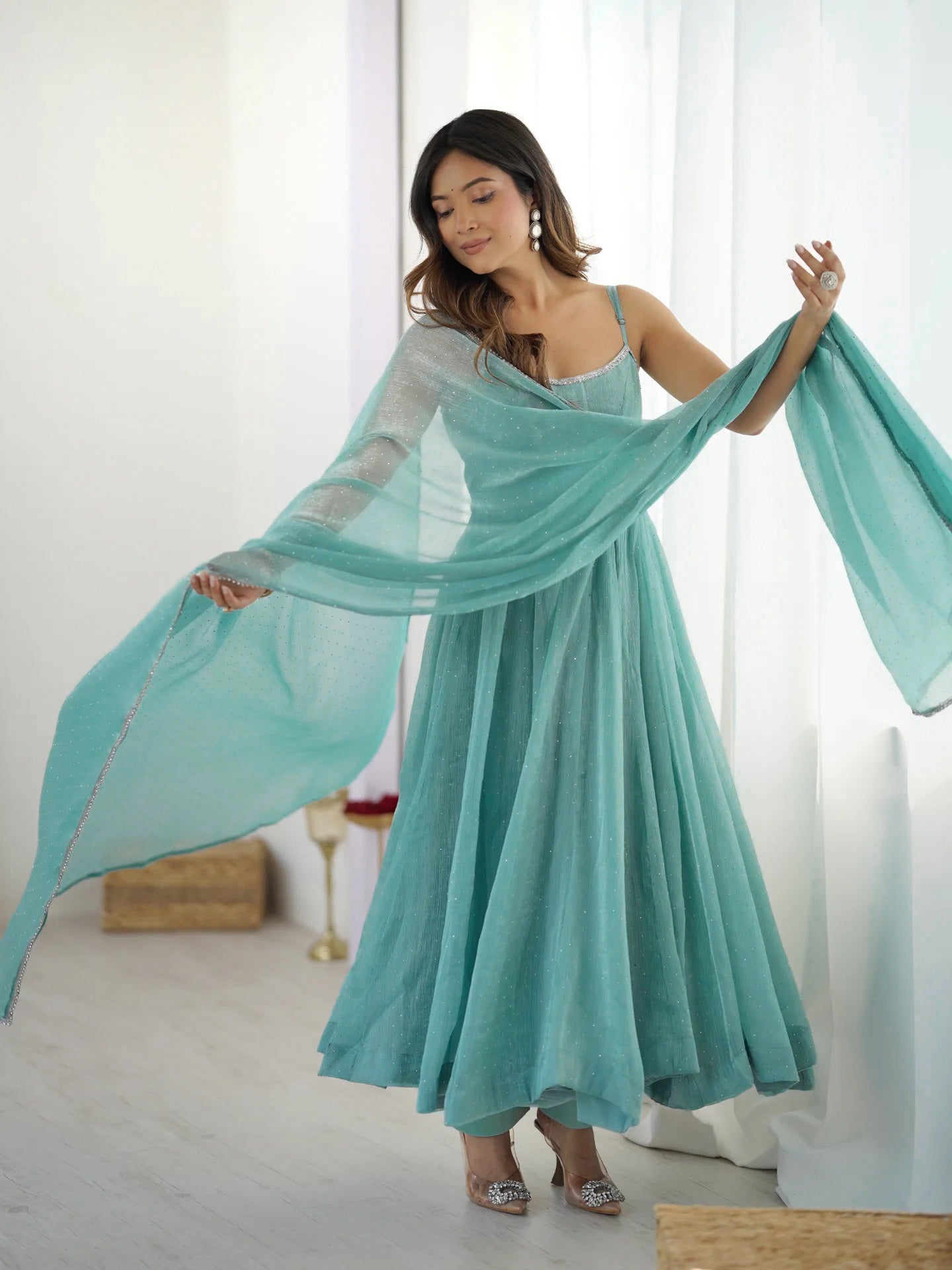 Women's Crunchy Silk Anarkali Pant Dupatta Set with Swarovski Work