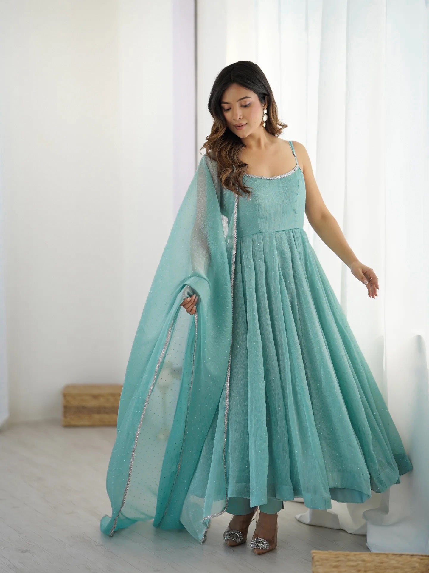 Women's Crunchy Silk Anarkali Pant Dupatta Set with Swarovski Work