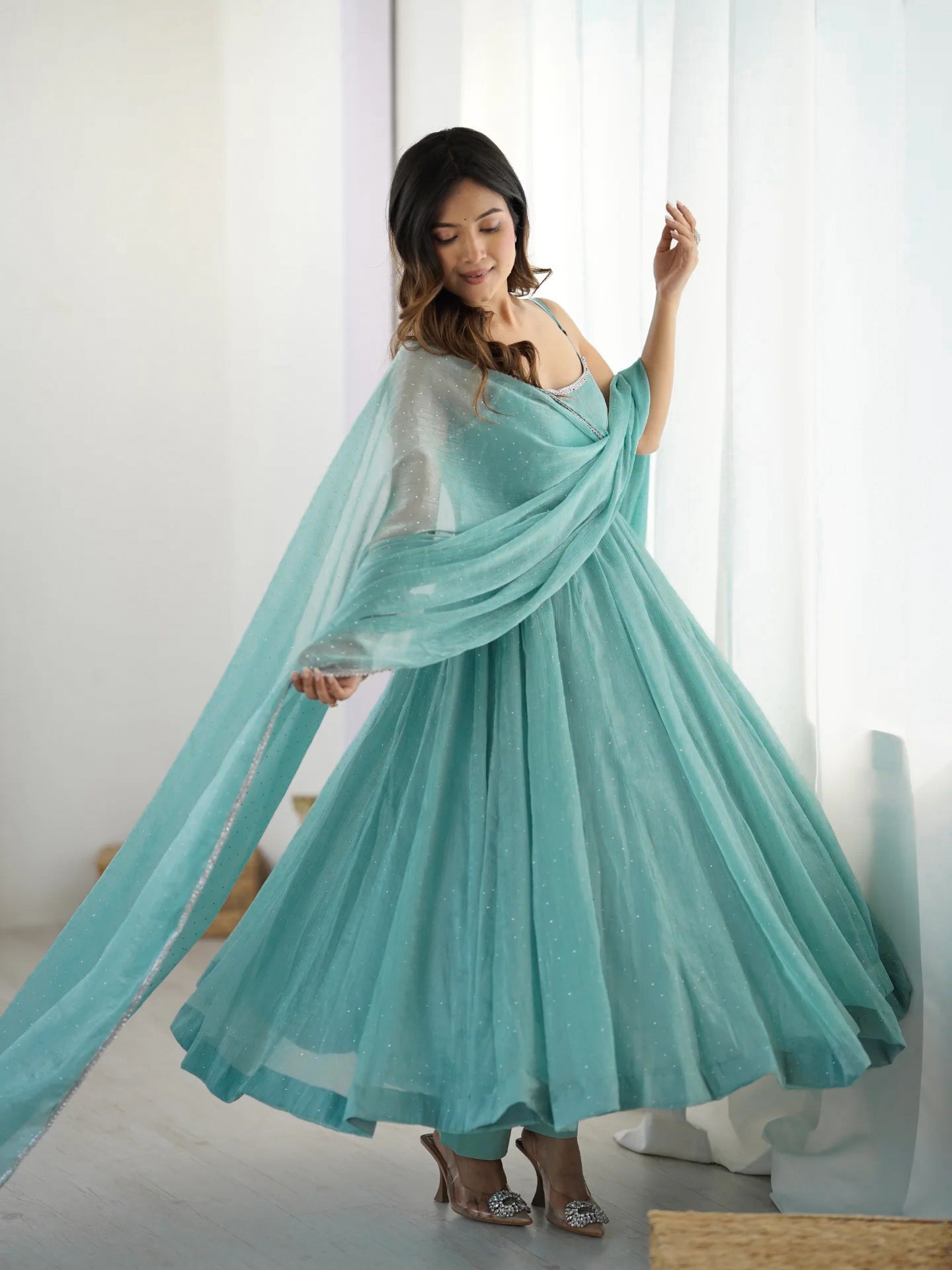 Women's Crunchy Silk Anarkali Pant Dupatta Set with Swarovski Work