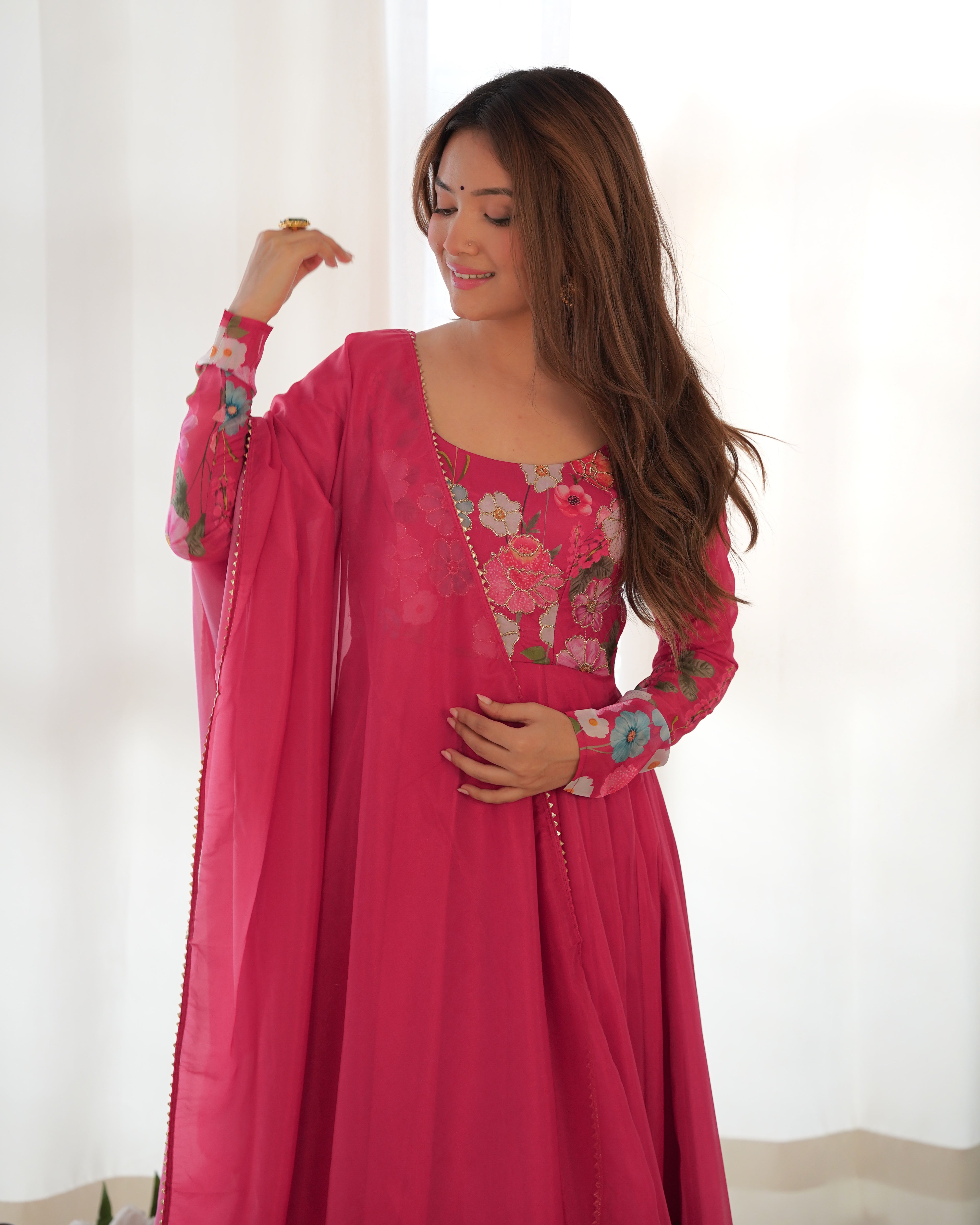Organza Silk Anarkali Suit Set with Badla Jari Work and Dupatta