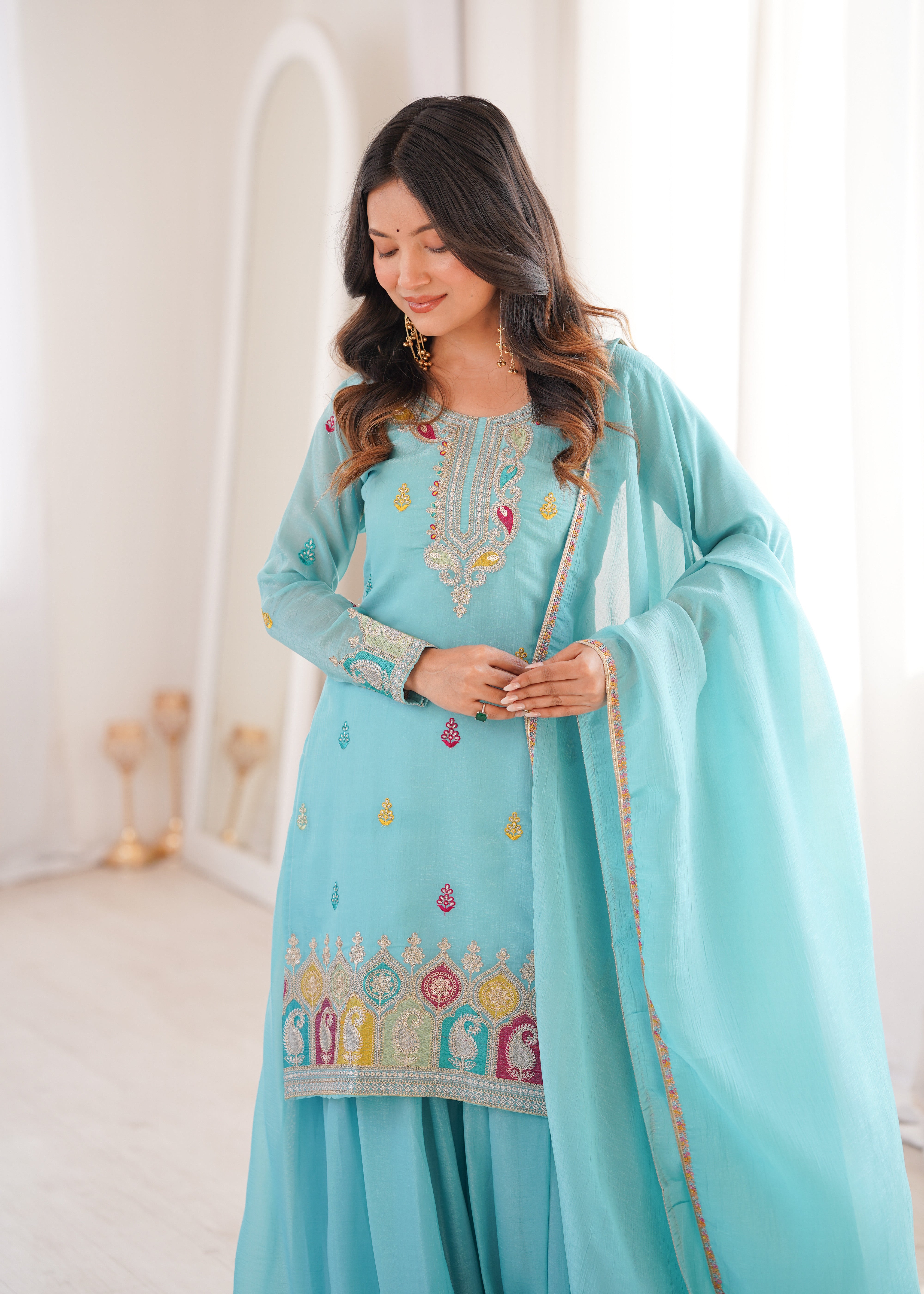 Embroidered Crunchy Silk Sharara Suit Set with Dupatta