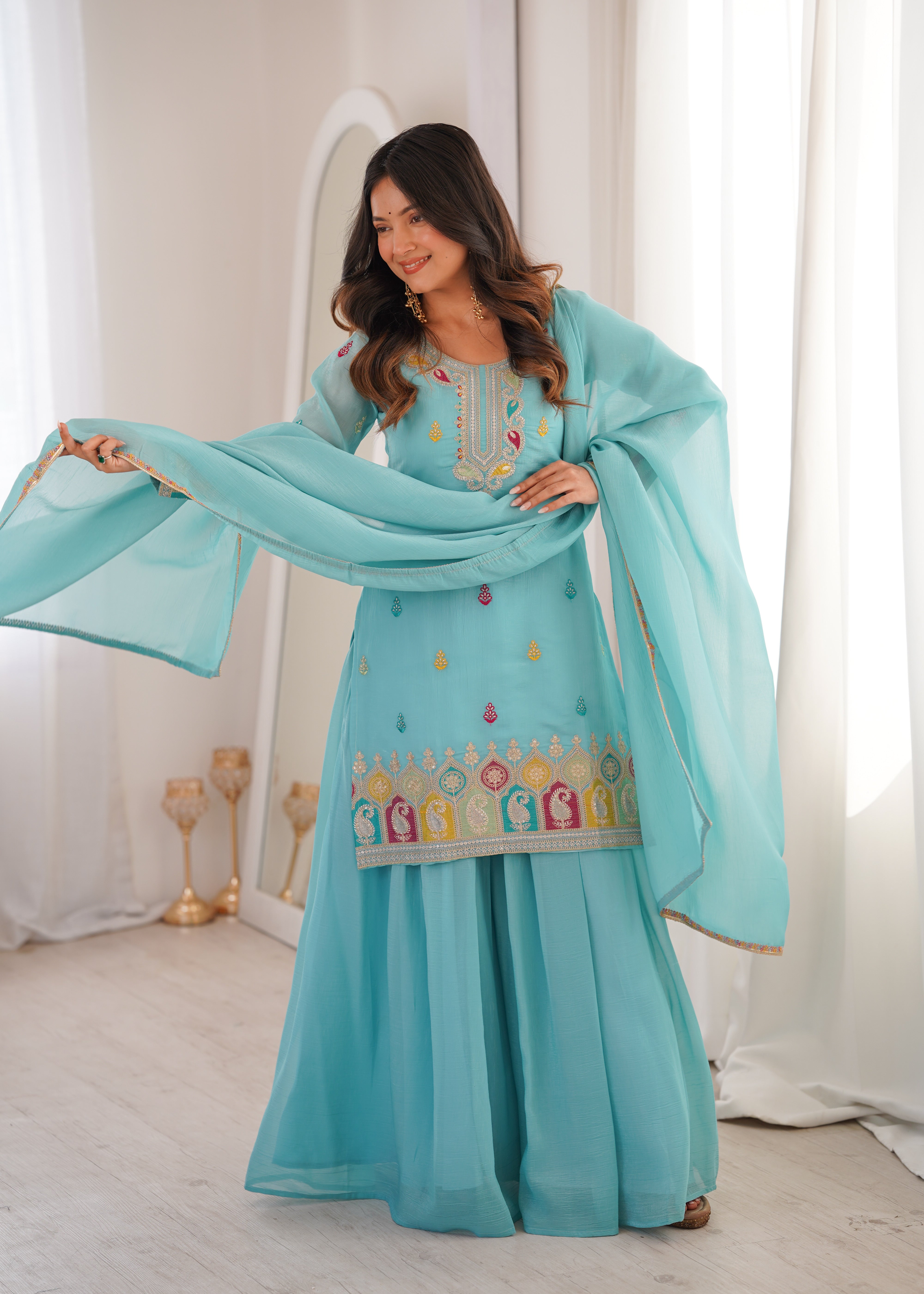Embroidered Crunchy Silk Sharara Suit Set with Dupatta