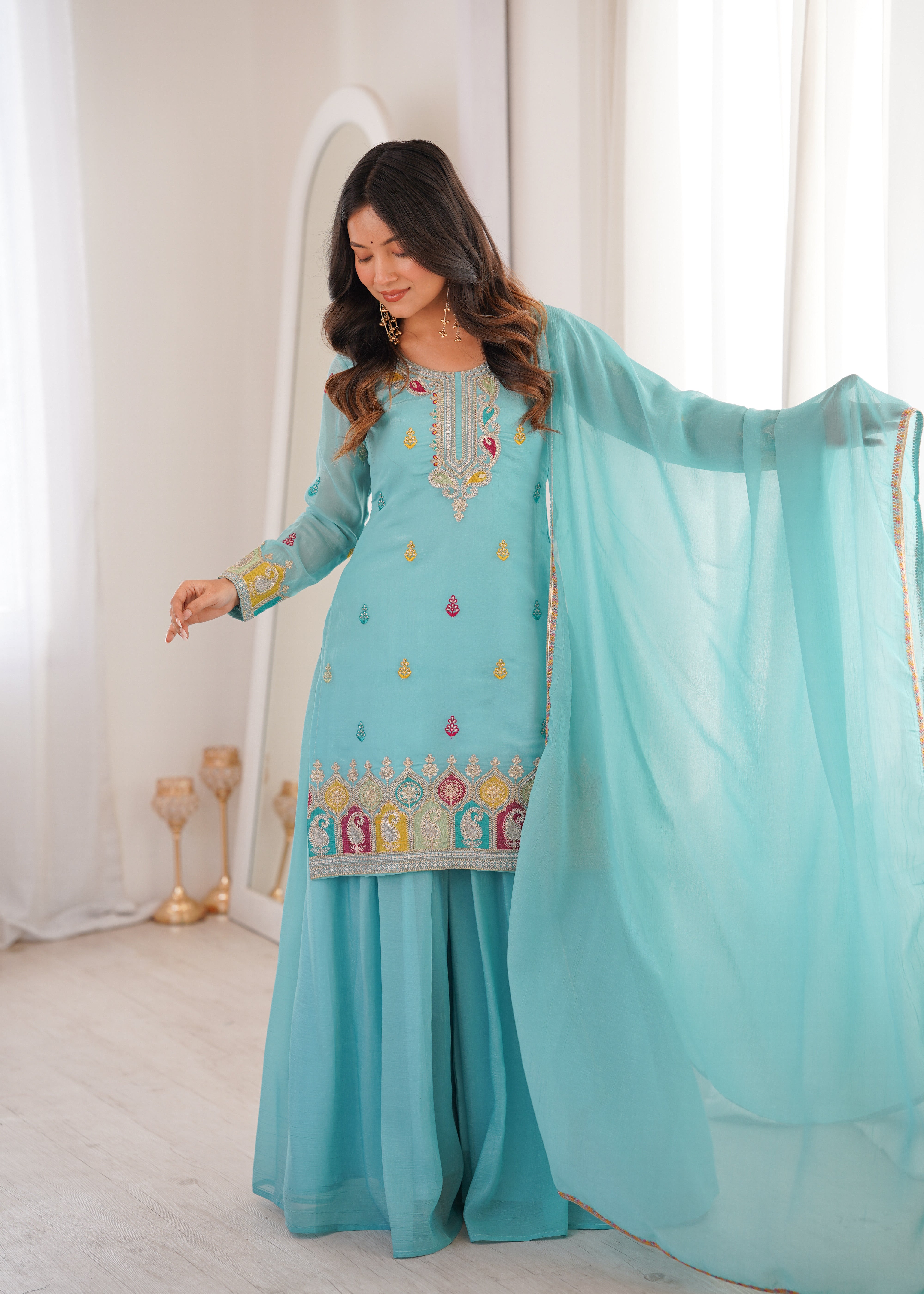Embroidered Crunchy Silk Sharara Suit Set with Dupatta