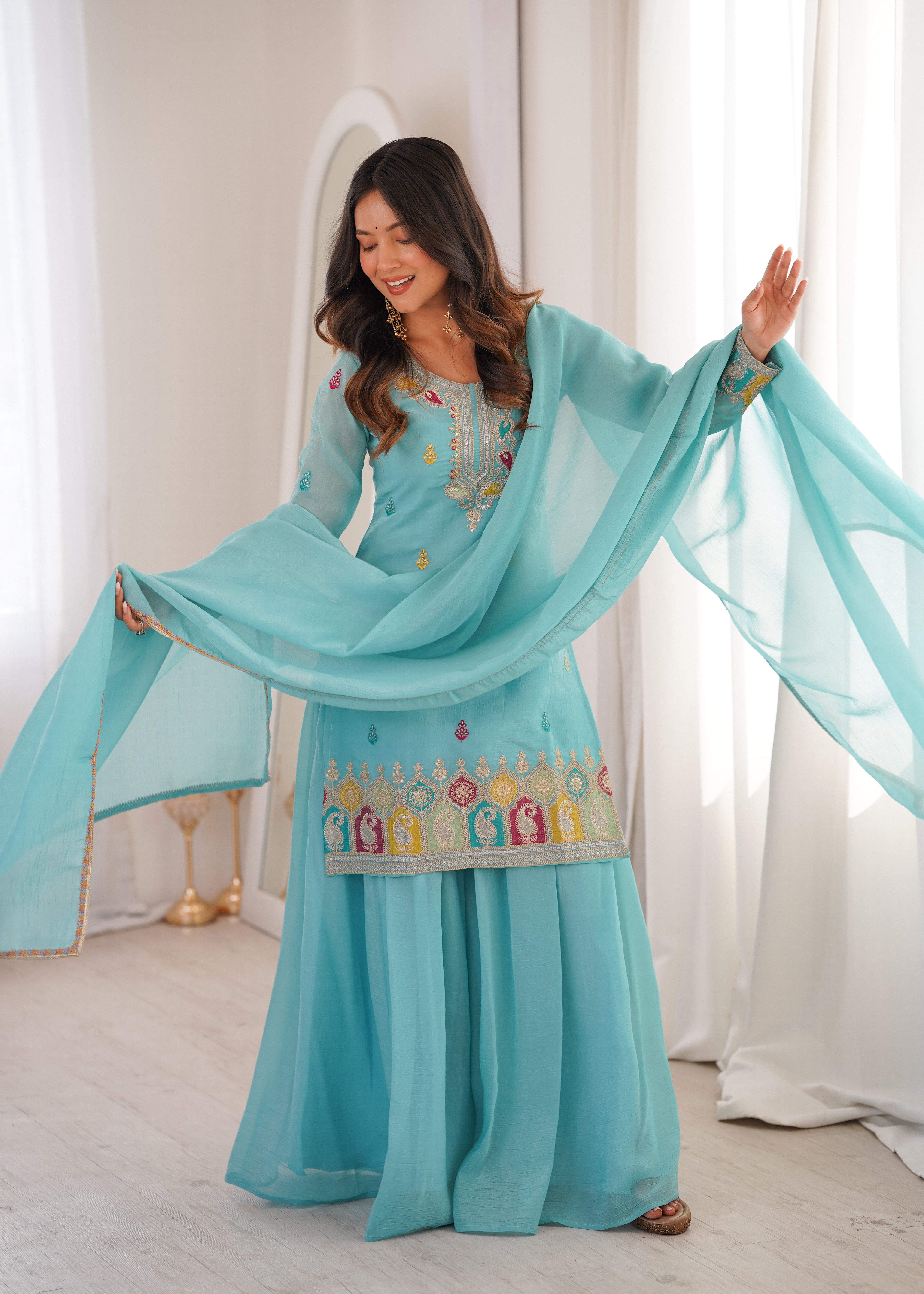 Embroidered Crunchy Silk Sharara Suit Set with Dupatta