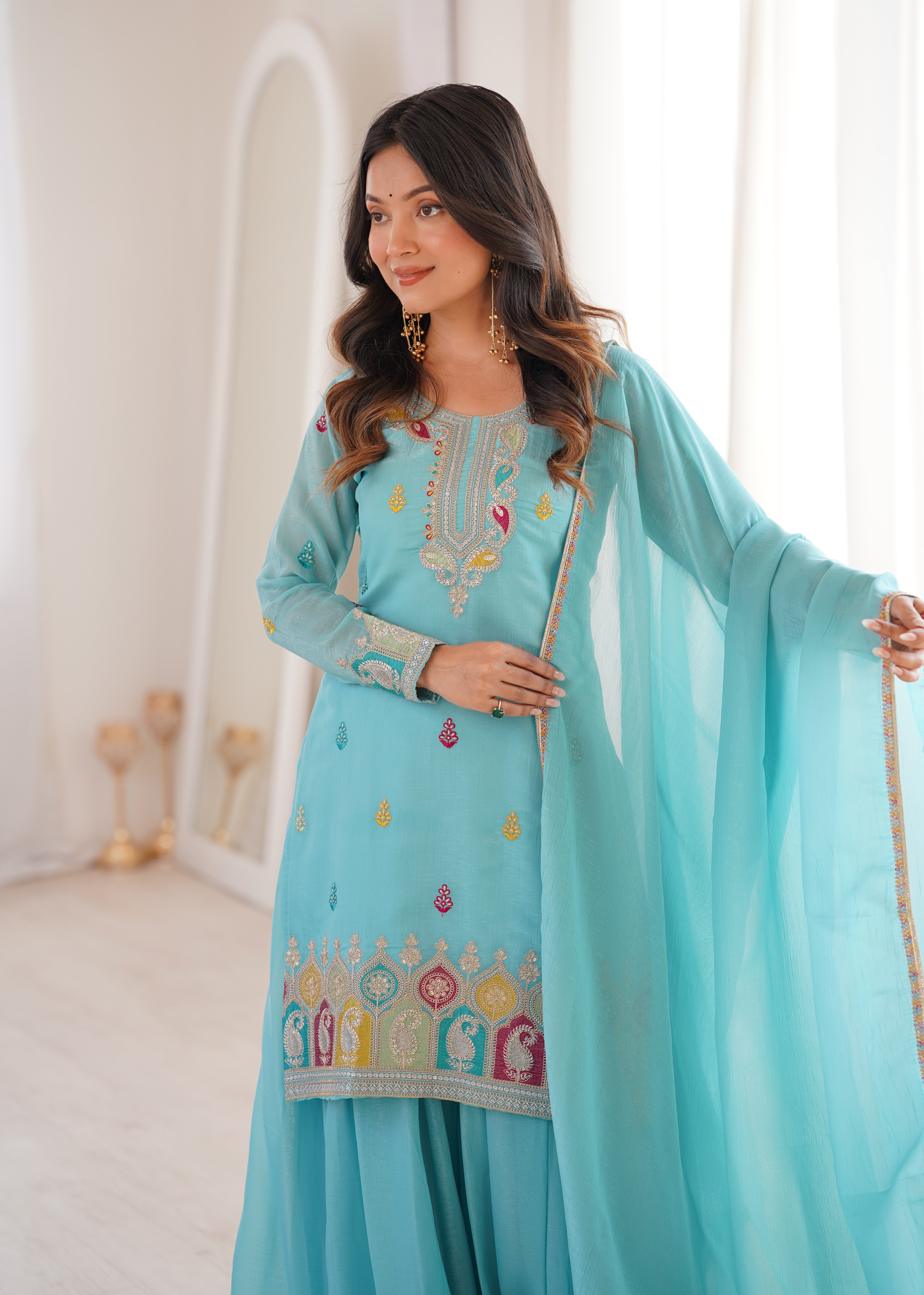 Embroidered Crunchy Silk Sharara Suit Set with Dupatta