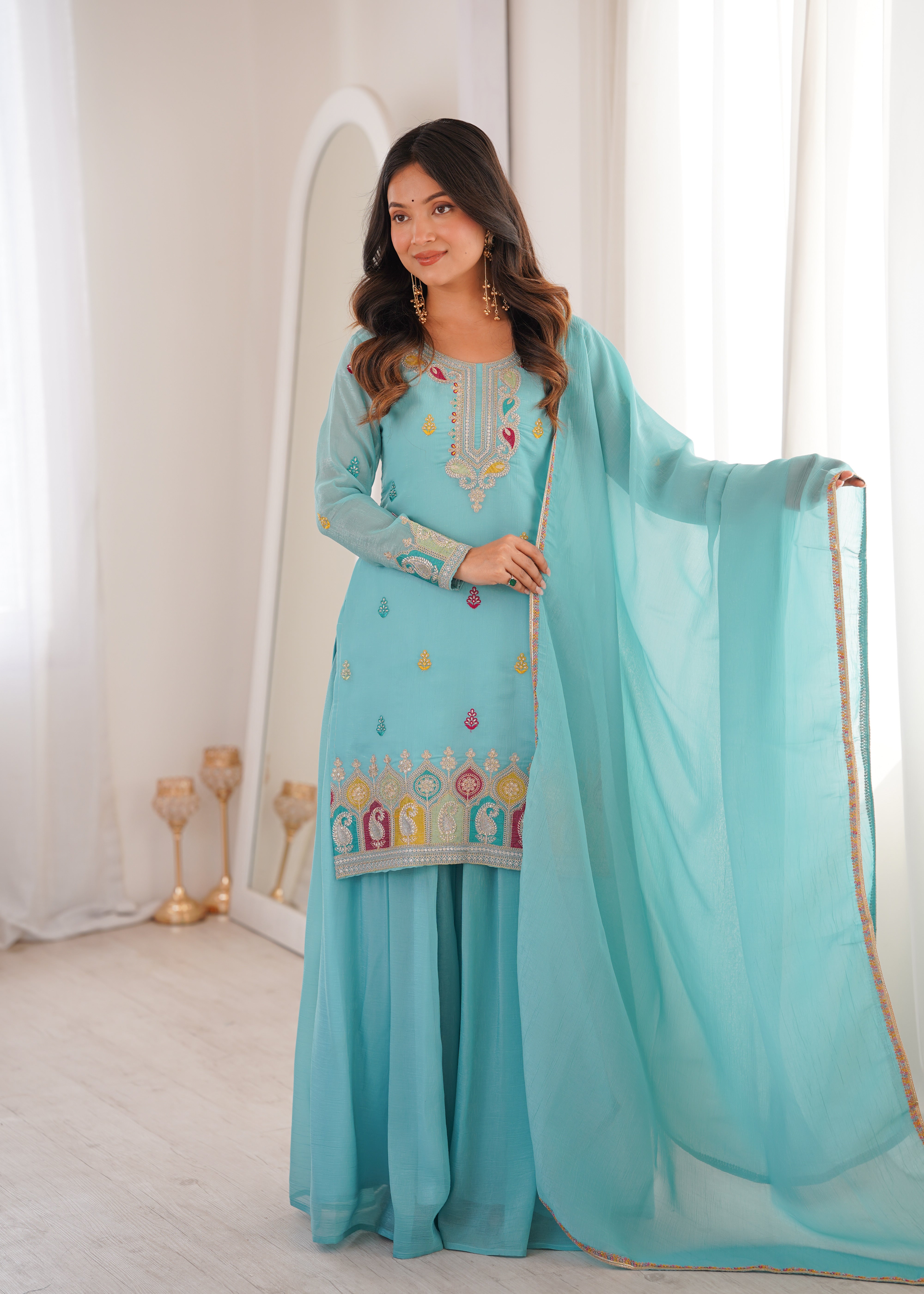 Embroidered Crunchy Silk Sharara Suit Set with Dupatta