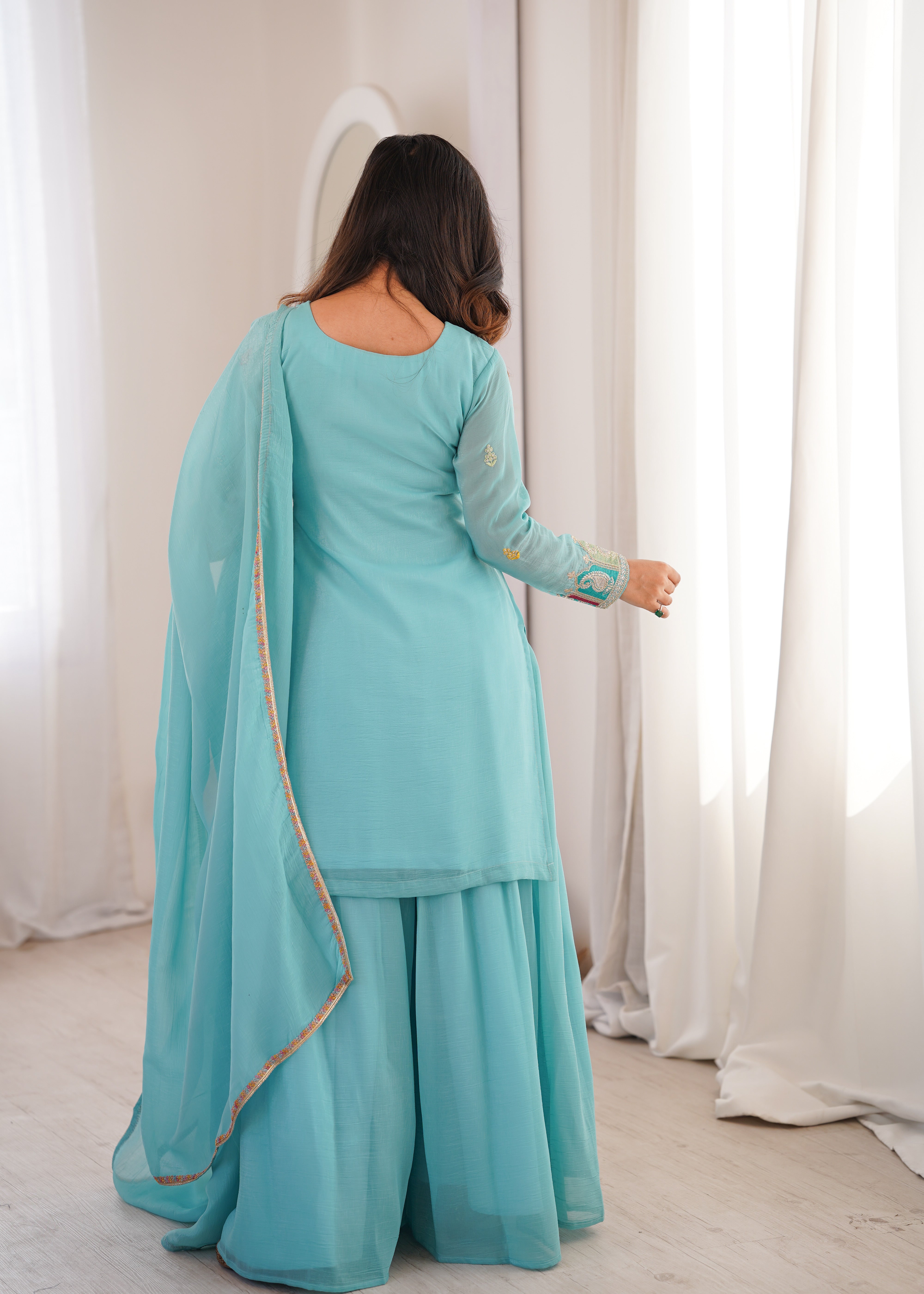Embroidered Crunchy Silk Sharara Suit Set with Dupatta