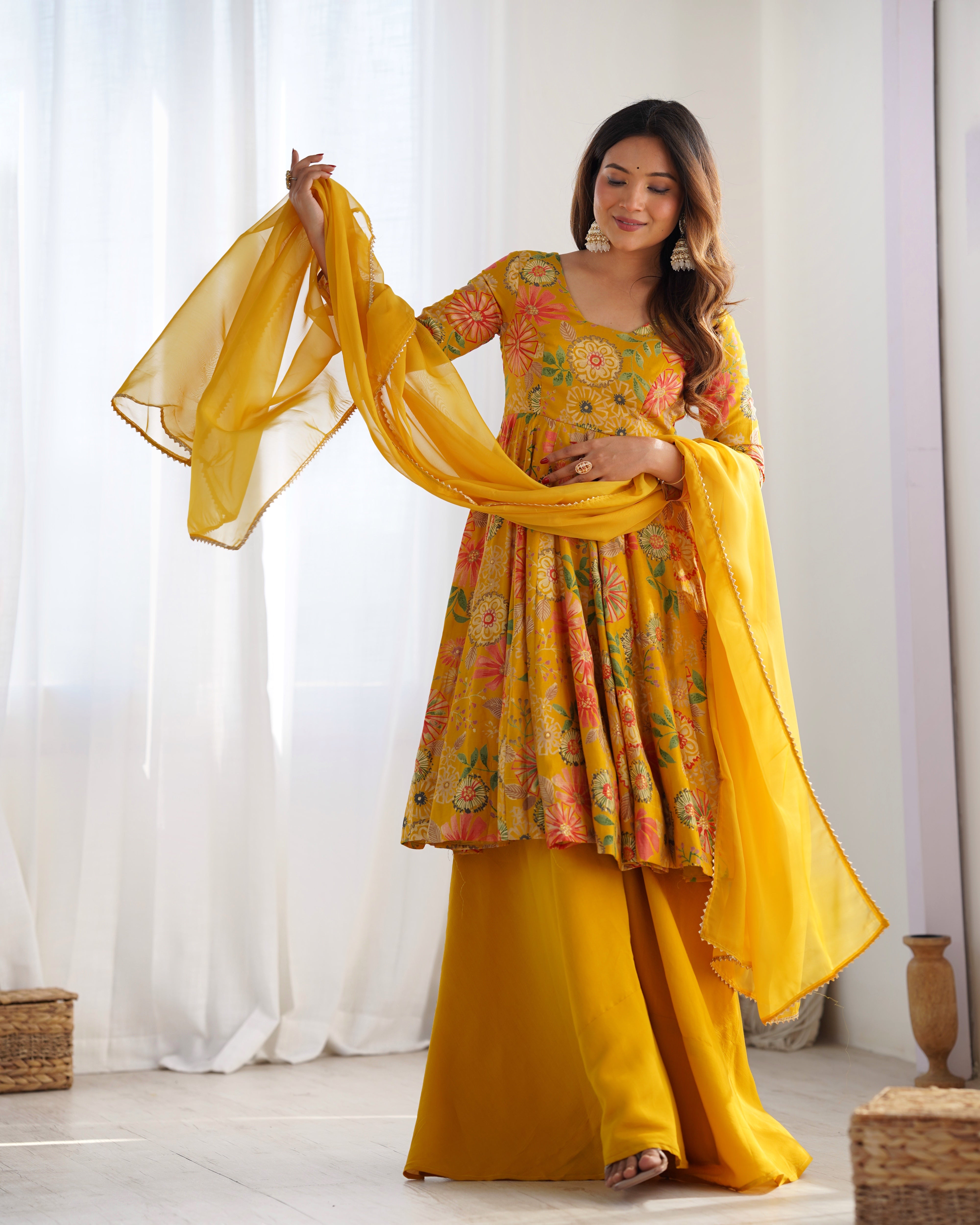 Roman Silk Chanderi Discharge Print Kediya Kurta Palazzo Set with Organza Dupatta