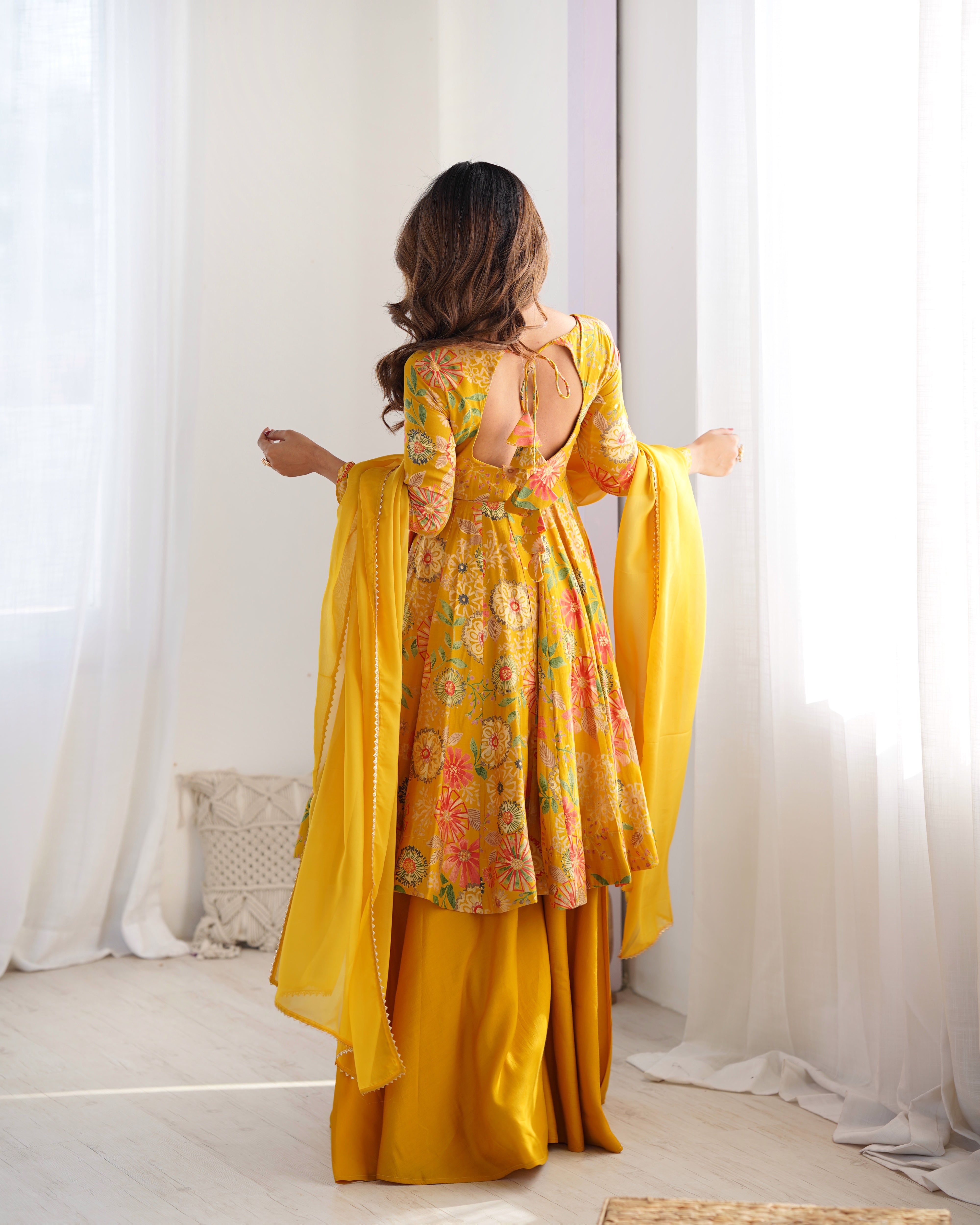Roman Silk Chanderi Discharge Print Kediya Kurta Palazzo Set with Organza Dupatta