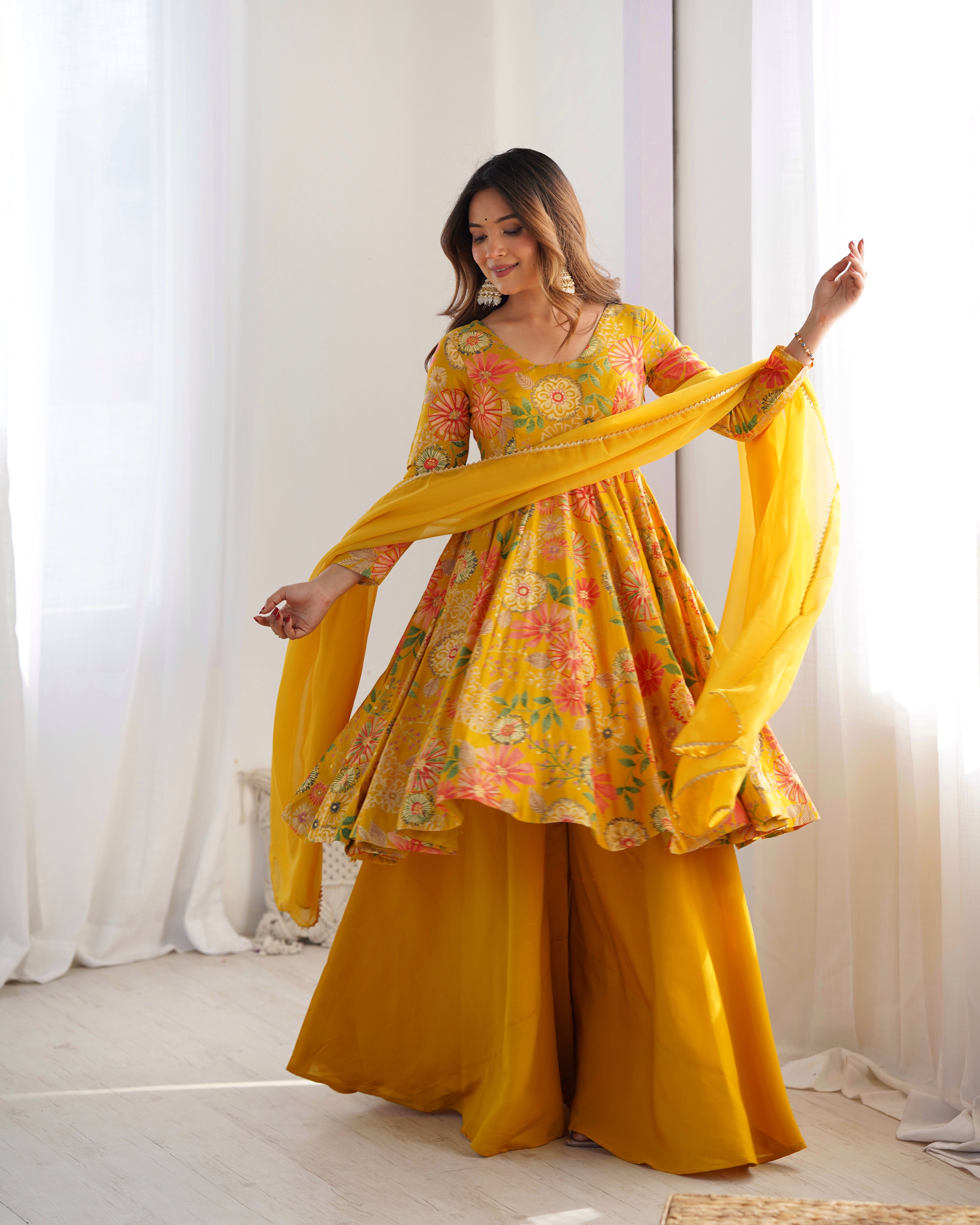 Roman Silk Chanderi Discharge Print Kediya Kurta Palazzo Set with Organza Dupatta