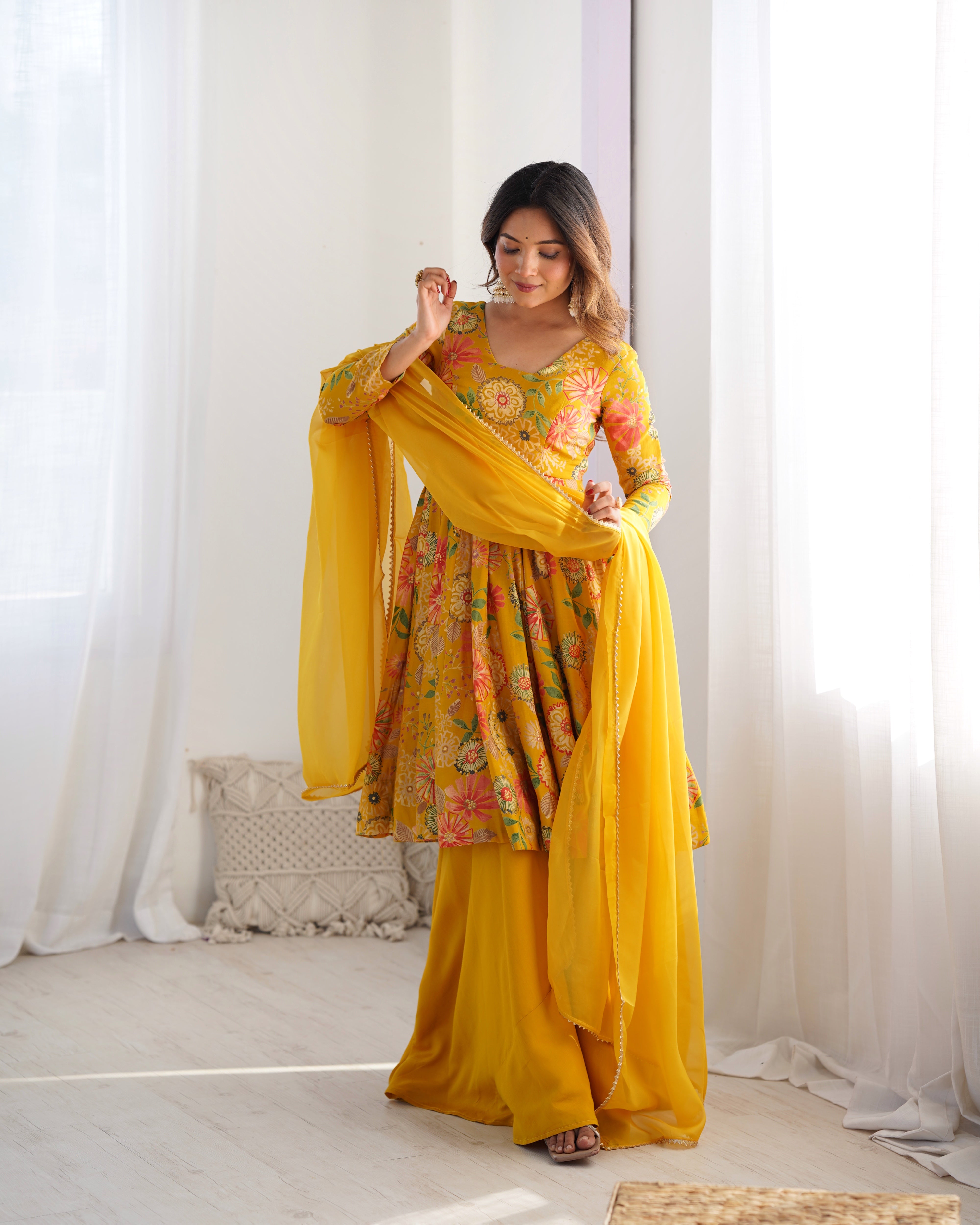 Roman Silk Chanderi Discharge Print Kediya Kurta Palazzo Set with Organza Dupatta