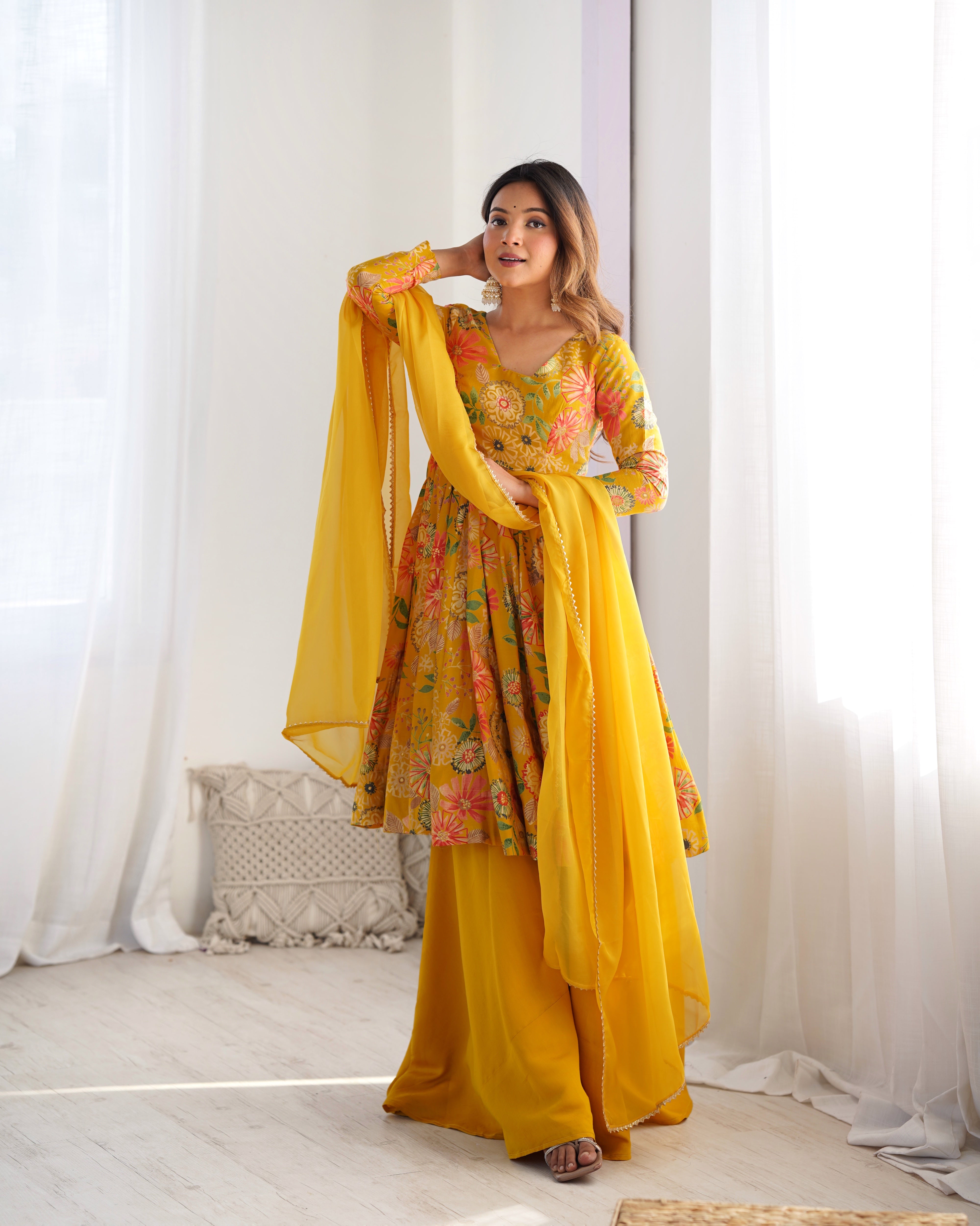 Roman Silk Chanderi Discharge Print Kediya Kurta Palazzo Set with Organza Dupatta