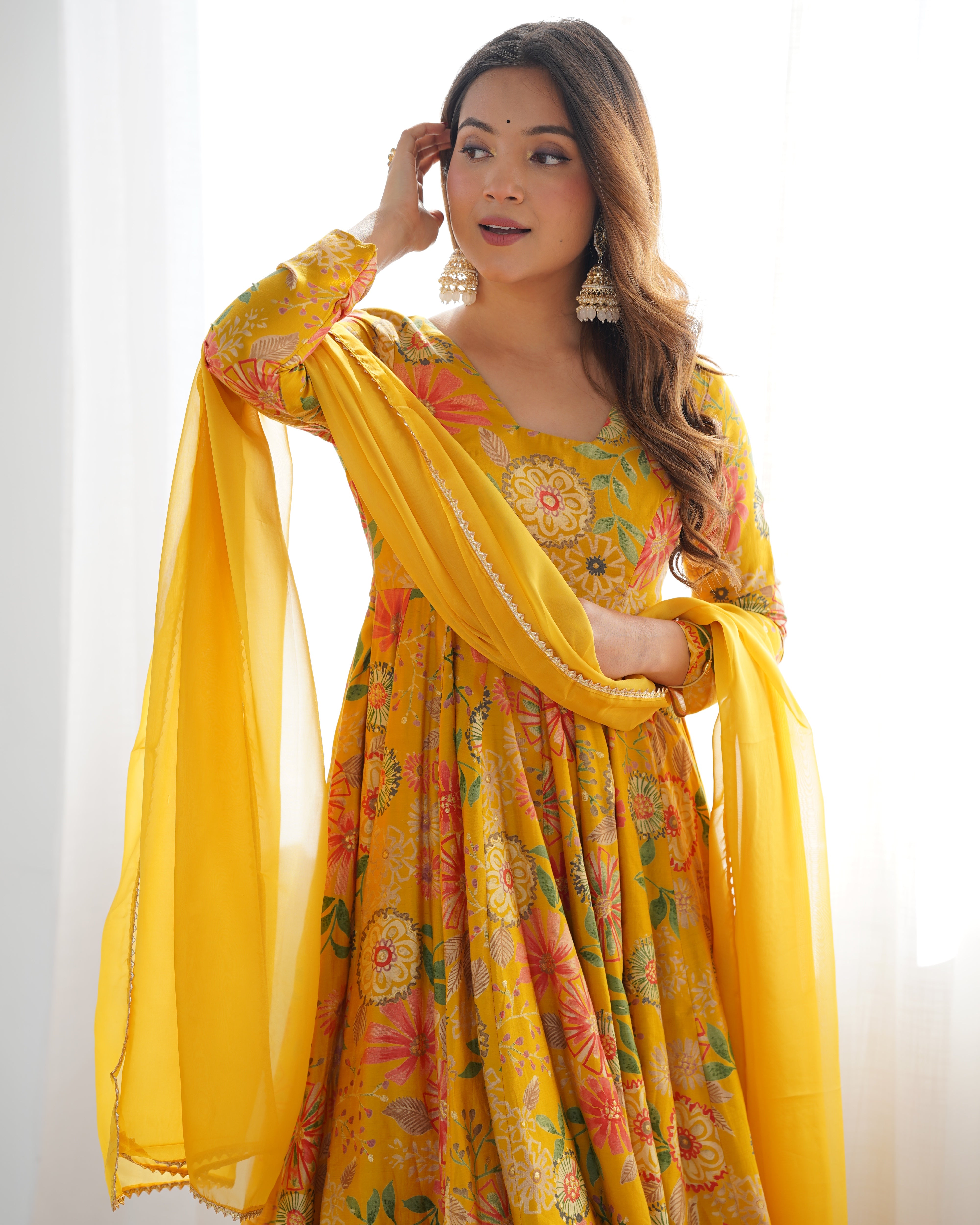 Roman Silk Chanderi Discharge Print Kediya Kurta Palazzo Set with Organza Dupatta