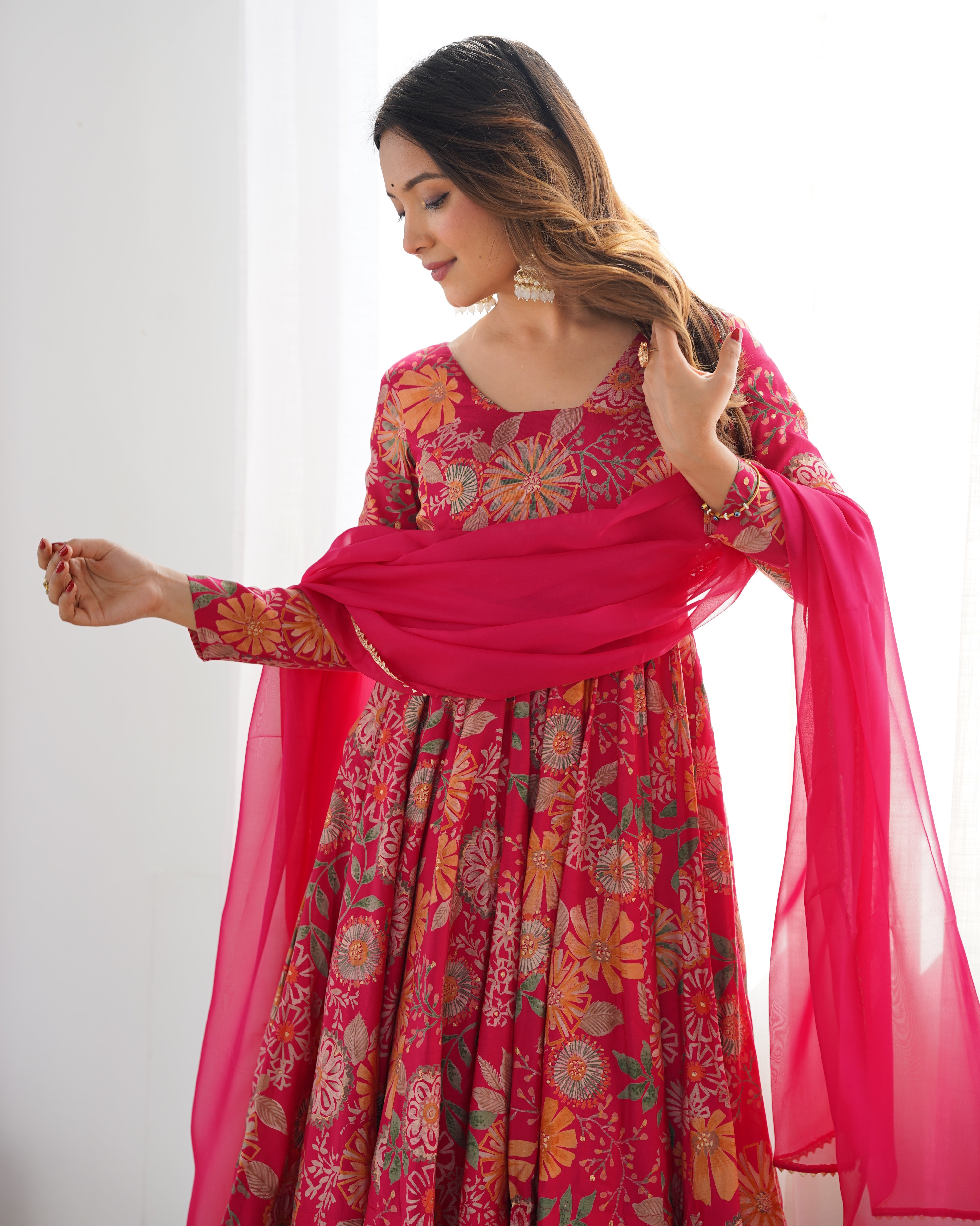 Roman Silk Chanderi Discharge Print Kediya Kurta Palazzo Set with Organza Dupatta