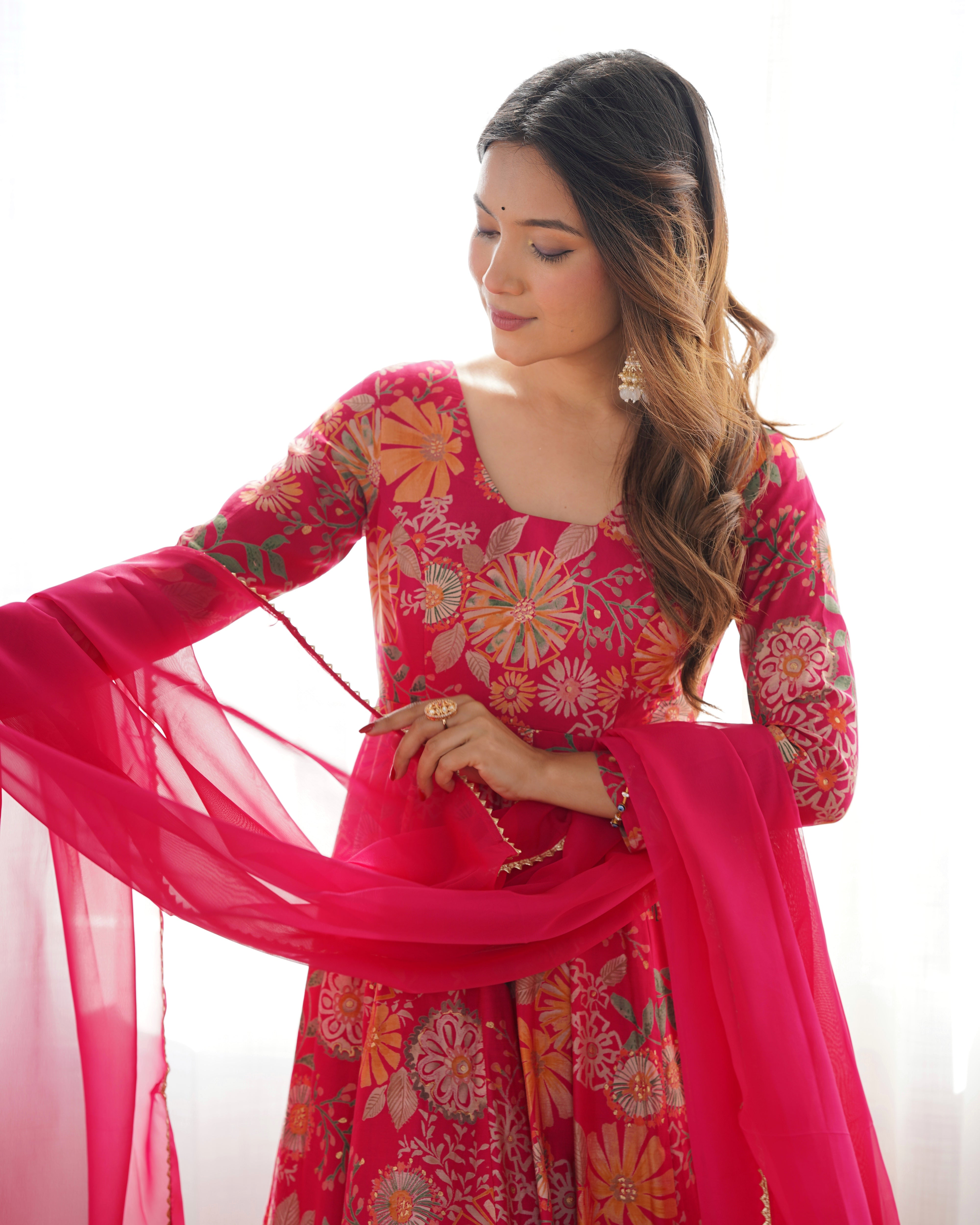Roman Silk Chanderi Discharge Print Kediya Kurta Palazzo Set with Organza Dupatta