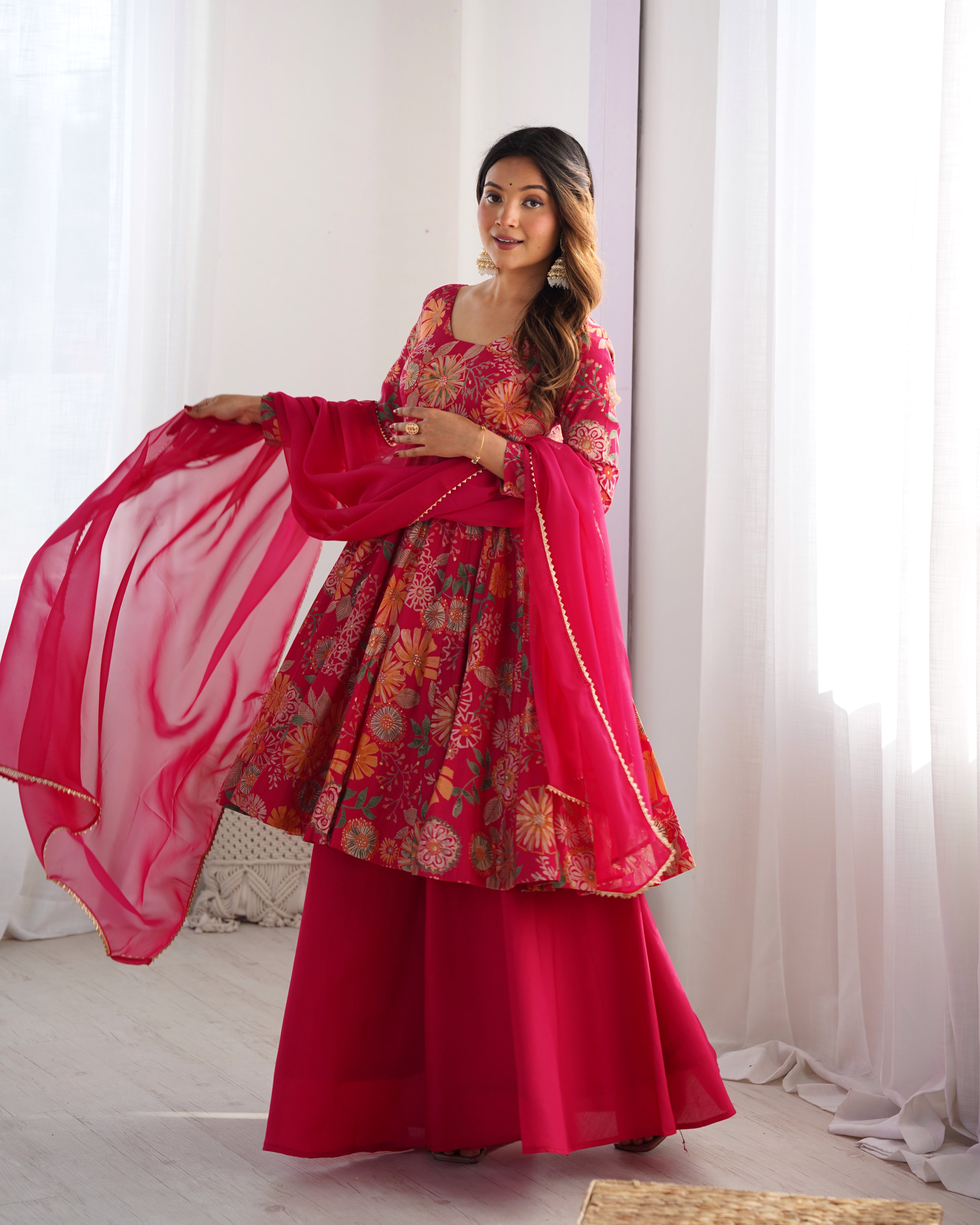 Roman Silk Chanderi Discharge Print Kediya Kurta Palazzo Set with Organza Dupatta